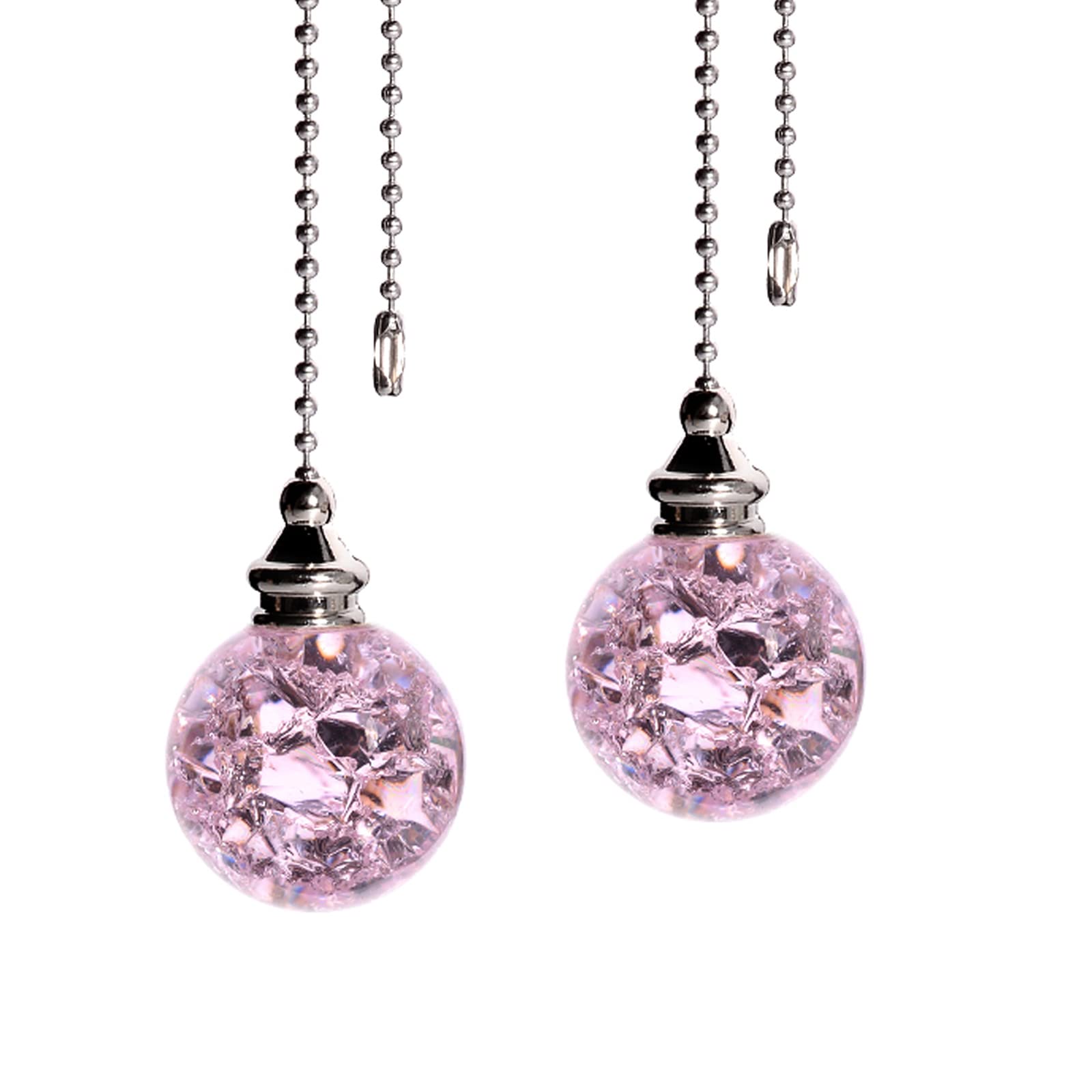 2PCS Pink Modern Crystal Ice Cracked Ball Pull Chain for Ceiling Fan Light Decoration, 50cm Extension Chain