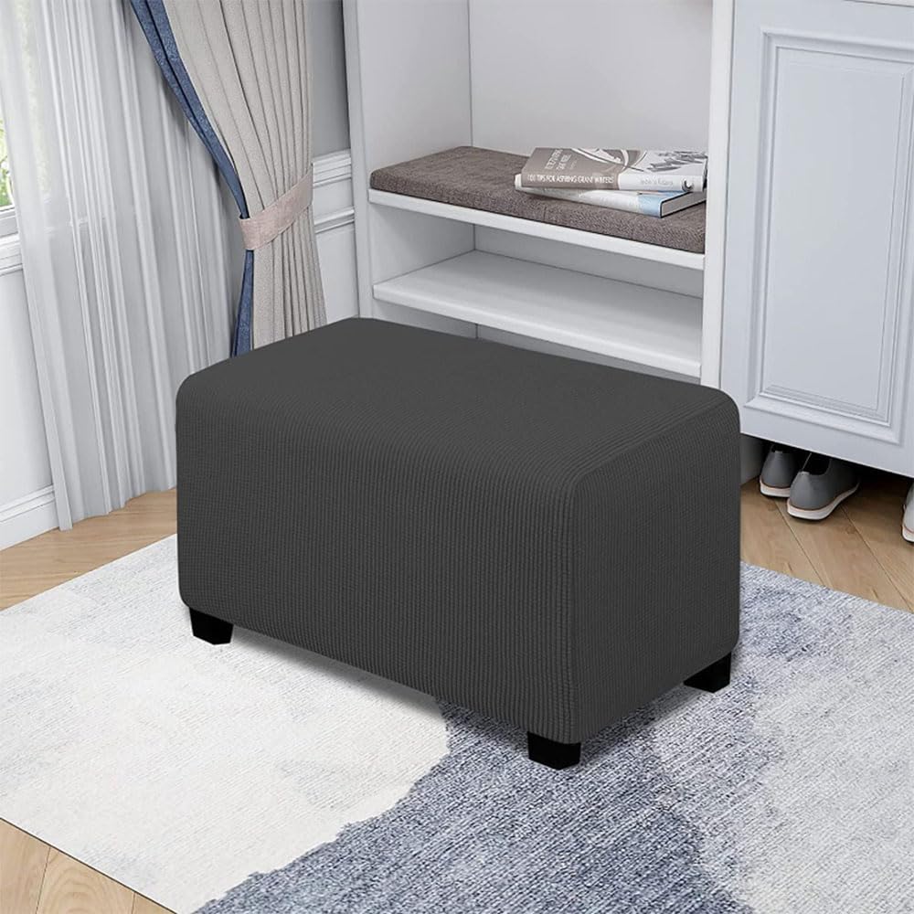 Housse Extensible Pour Pouf Carré 35x35 à 40x40 Cm - Tissu Jacquard Blanc Cassé, Fond élastique Anti-dérapant - 10