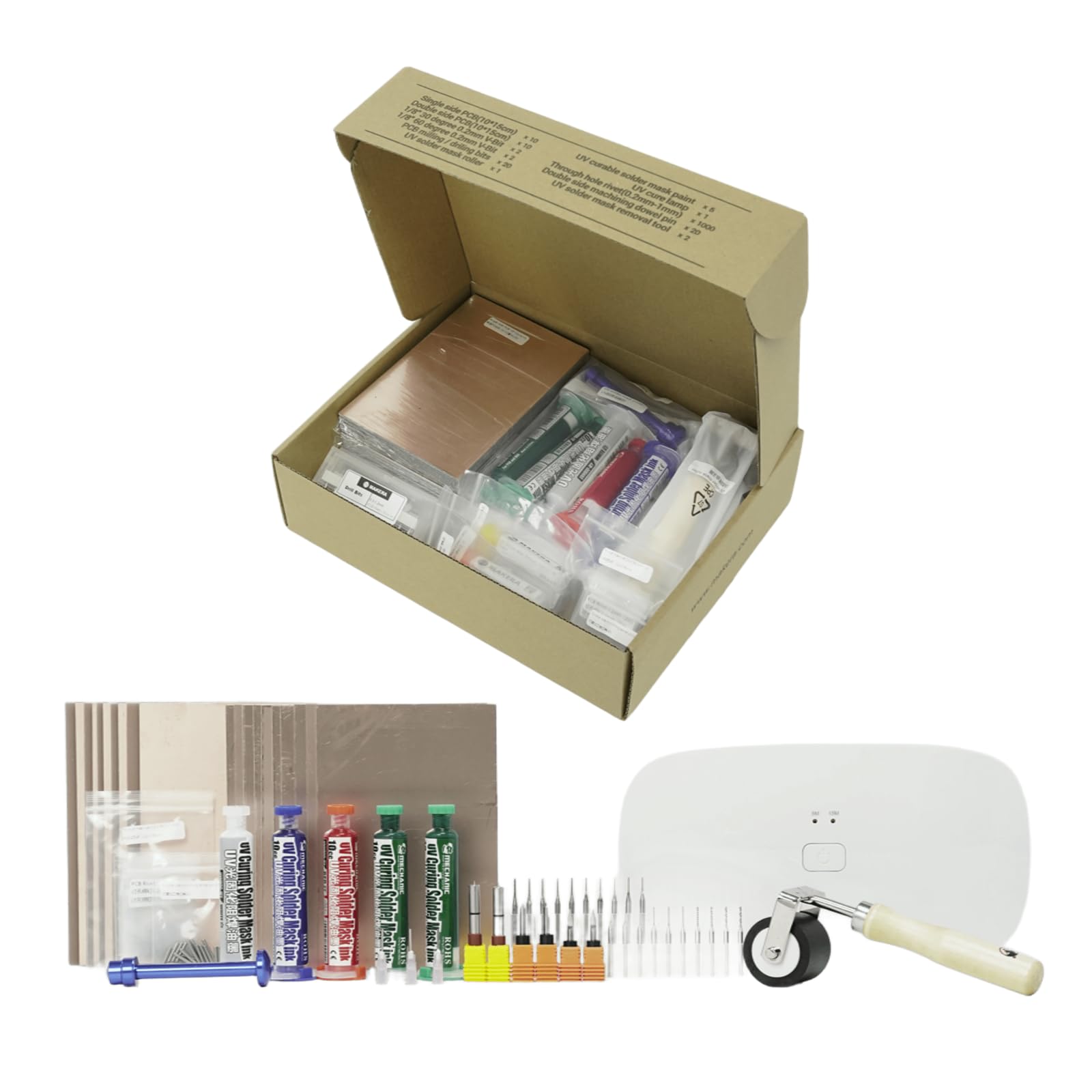 PCB Fabrication Pack for CNC, Single and Double Sided Copper Clad Laminate PCB *20 Panels, V-Groove/Micro-tip Engraving Bit,Corn Cob Set, Micro-drill