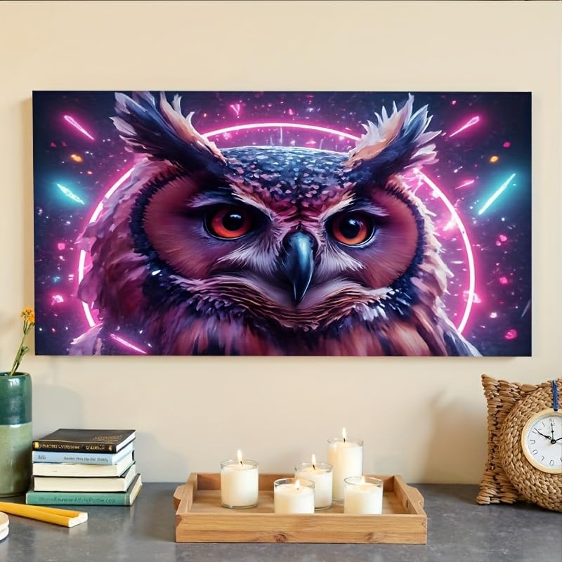 Miniatura 4 de Canvas Wall Art Painting Retro Synthwave Owl Layered Composition Waterproof Abstract Decor for Kitchen Studio Apartment Gym 24"x36"