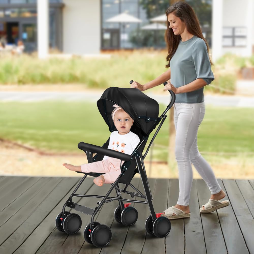 Poussette Canne Ultra Légère Compacte Pliable Inclinable Naissance à 25 kg avec Système Trolley Housse de Pluie Capote Extensible Noir