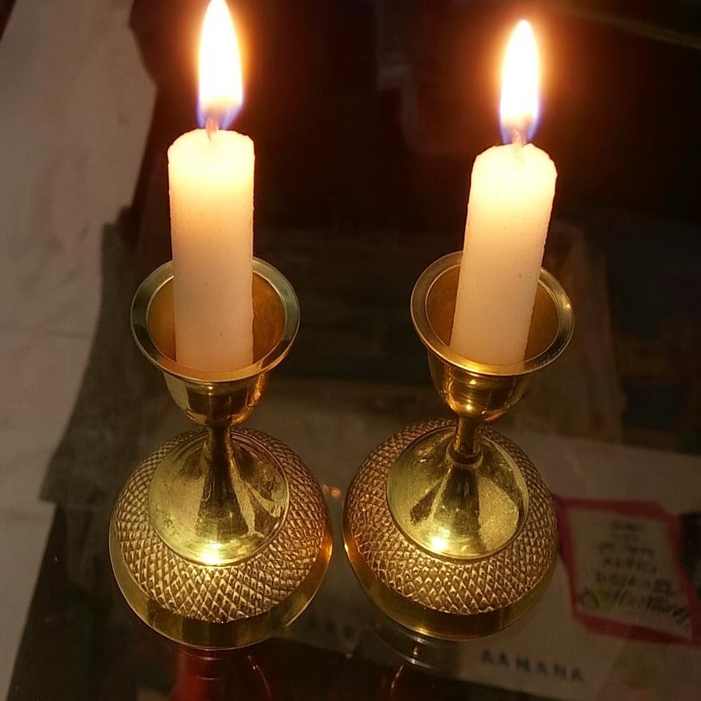 Golden Brass Candle Stand Embossed Design on Base/Decorative Item for Home,Mandir,Church,Birthday Party and The Best Item to Gift/Height 5 cm. Set of 2 pcs-image-0