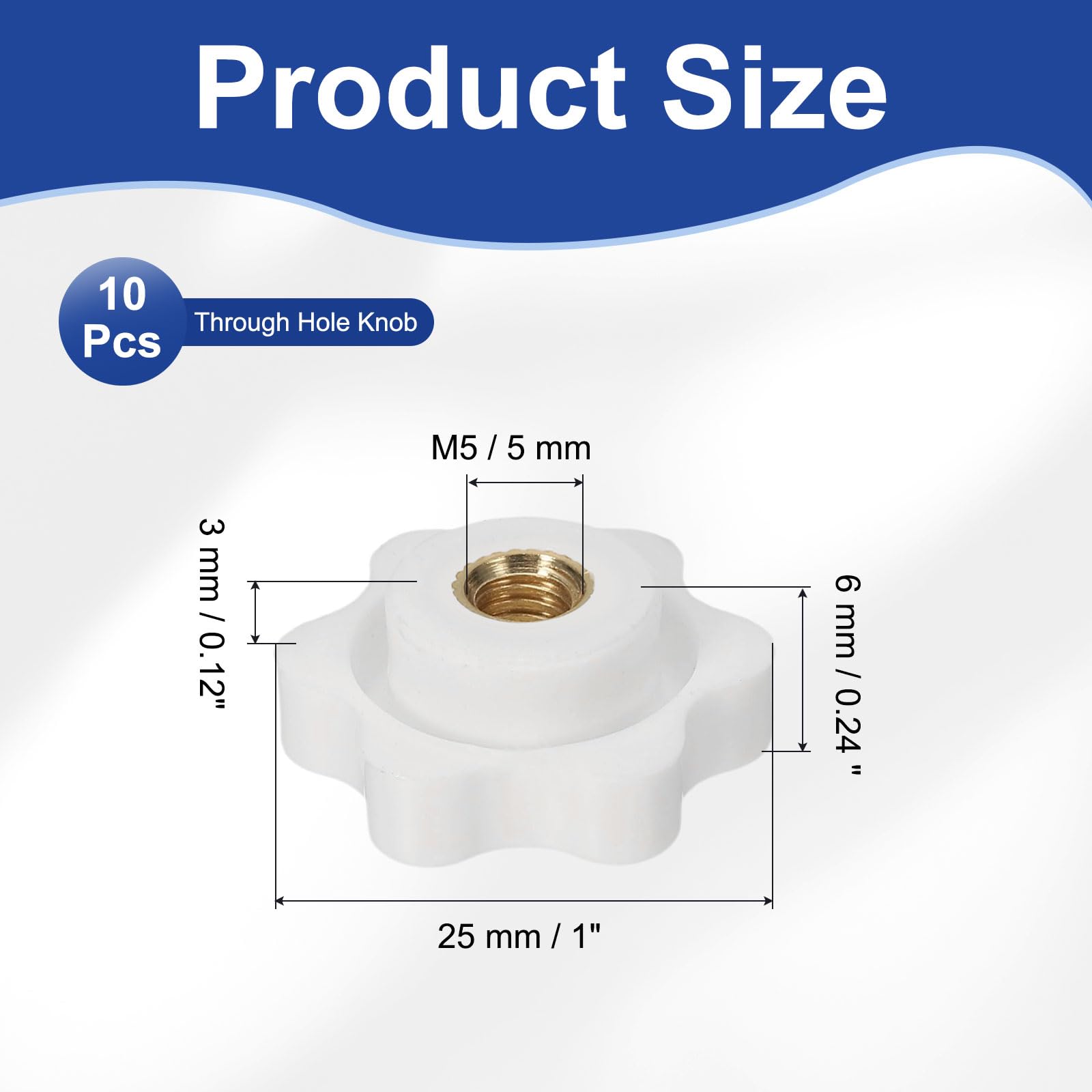 PATIKIL Dadi Di Bloccaggio M5 X 25mm, 10 Pezzi Manopole A Stella A Foro Passante Con Filettatura Femmina Per Bulloni A T-Rail Macchinari, Bianco