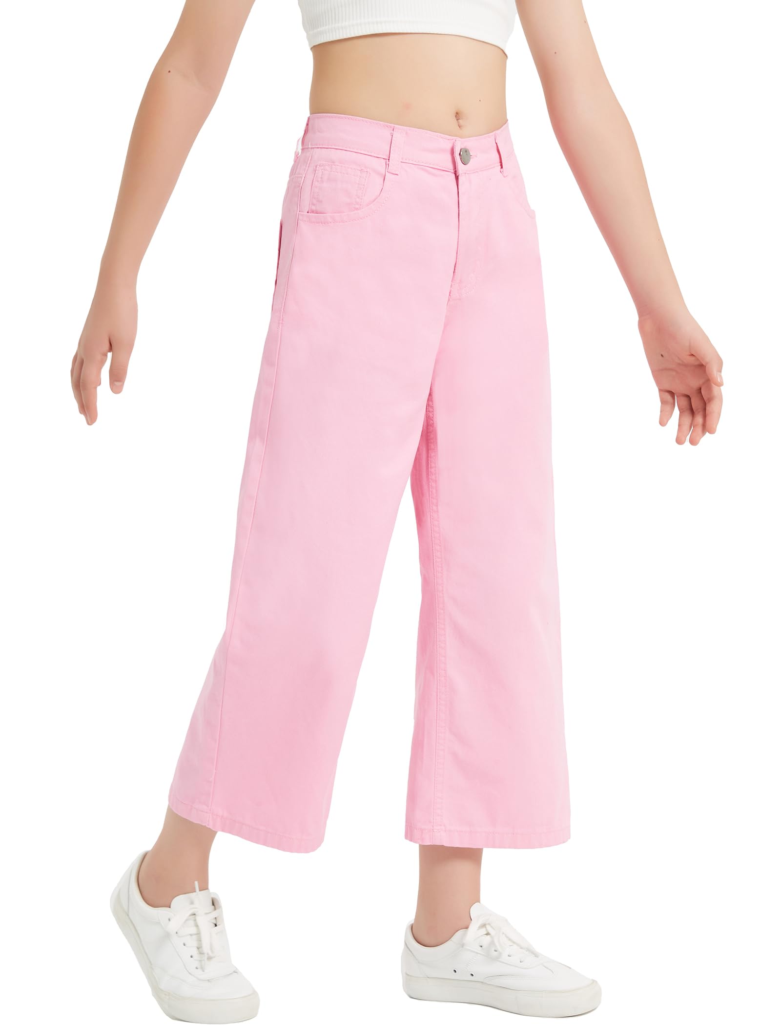 EXARUS Jeans holgados de pierna ancha para niñas, pantalones de mezclilla para adolescentes, cintura media, banda elástica con bolsillos, ropa casual