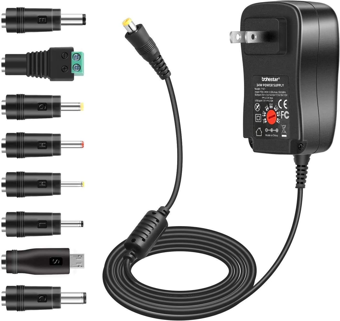 34W Universal AC DC Adapter Trohestar Multi Voltage Switching Replacement Power Supply with 8 Selectable Adapter Tips& Micro USB Plug for 3V to 12V Household Electronics LED Strip Light - 2000mA Max