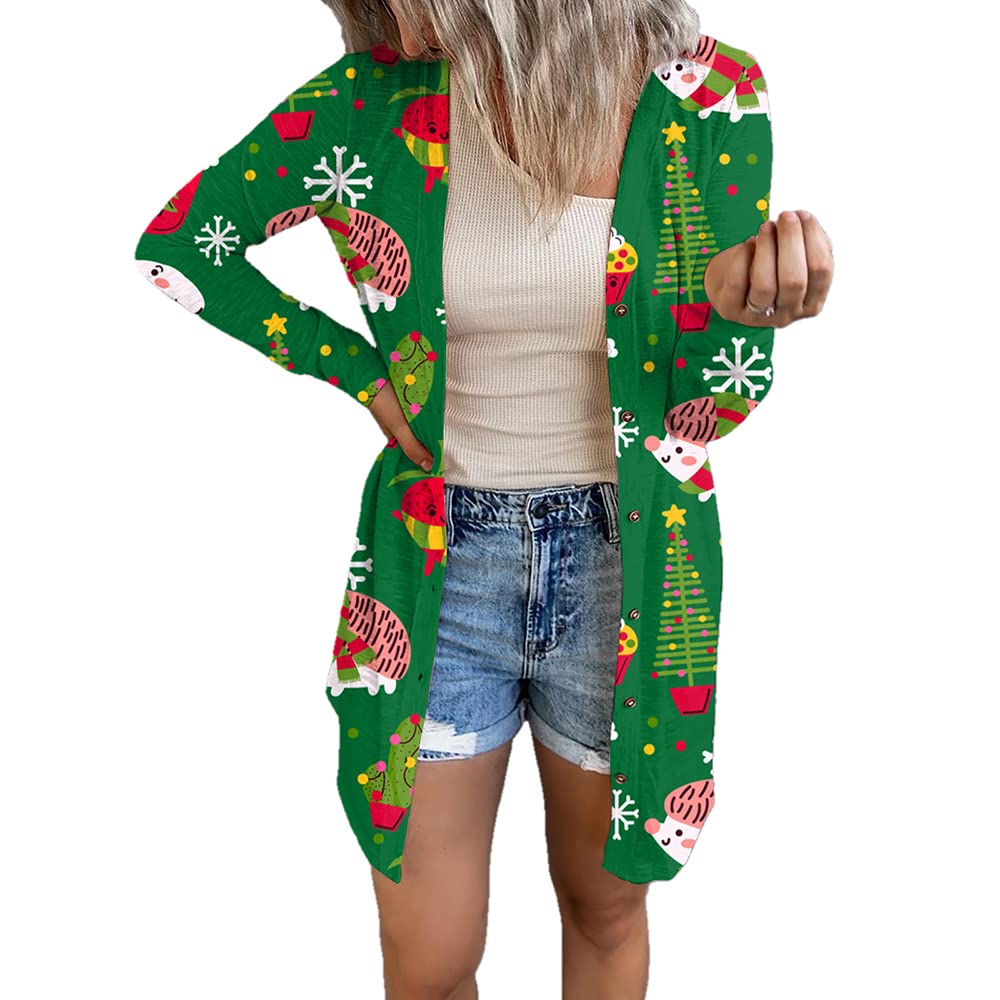 KCatsyWomen Windbreaker Thigh-Long Jacket Solid Colour Christmas Halloween Plus Size Button-Down V-Neck Loose Cardigan