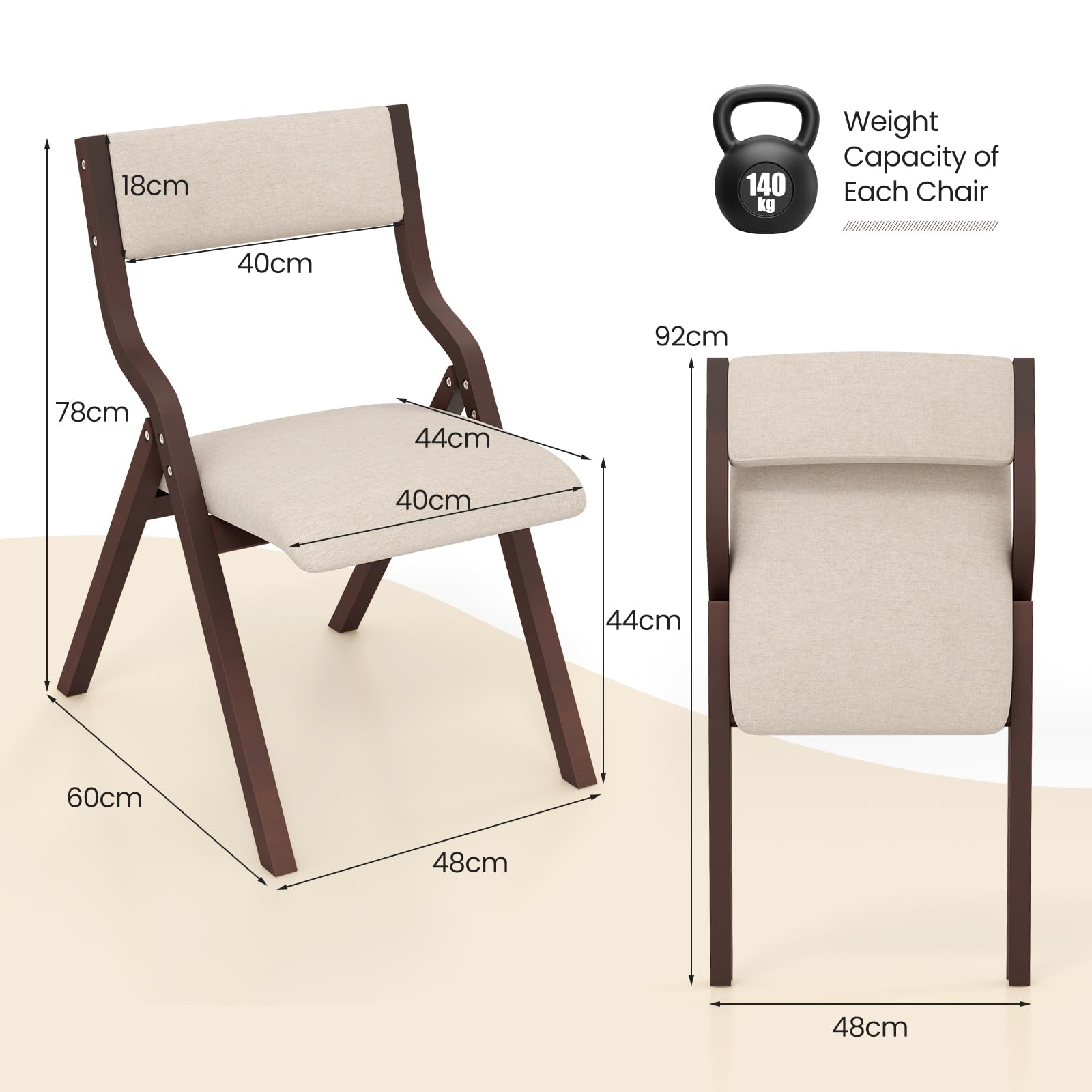 GIANTEX Juego de 2 Sillas de Comedor Plegables, Asiento Acolchado y Respaldo Ergonómico, Diseño Ahorra Espacio, Carga hasta 140 kg, Sillas para Cocina, Salón (Marrón+Beige)