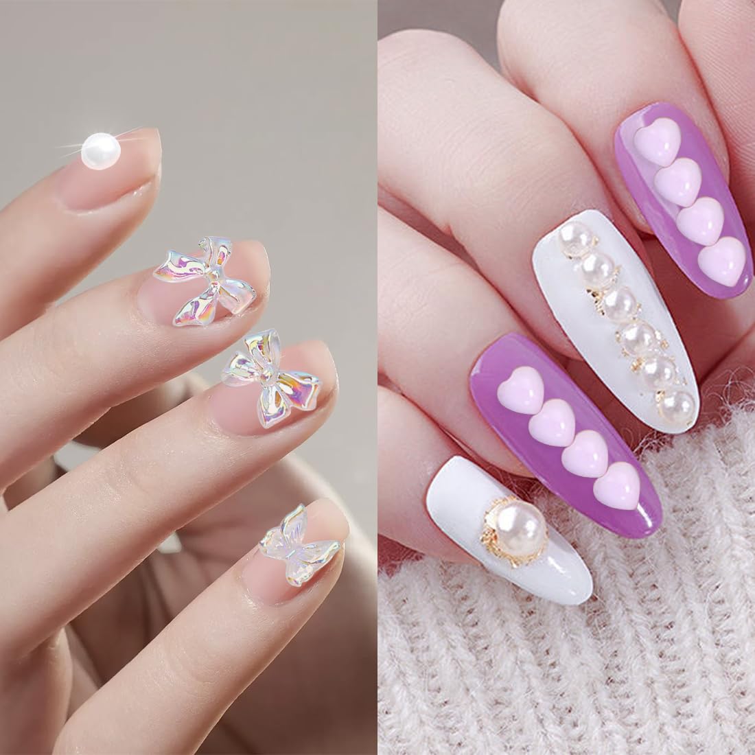1000 Stück Nageldesign Zubehör – Weiße Schleifen, Blüten & Perlen Aus Kunstharz Für Nail Art