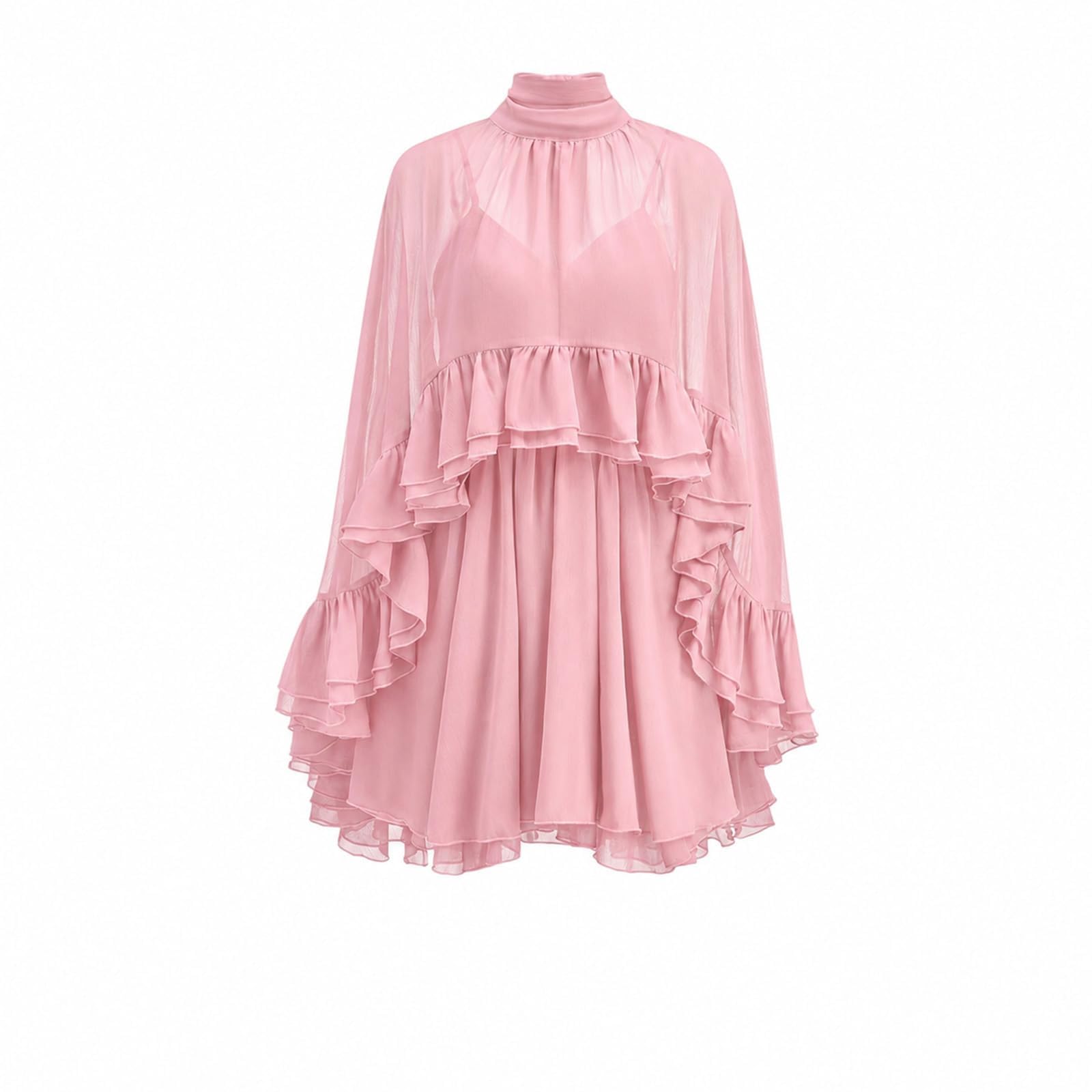 Vestido de gasa semitransparente con volantes y capa exterior, manga poncho fluido, mini vestido para trabajo, oficina, salidas informales, citas, fiestas