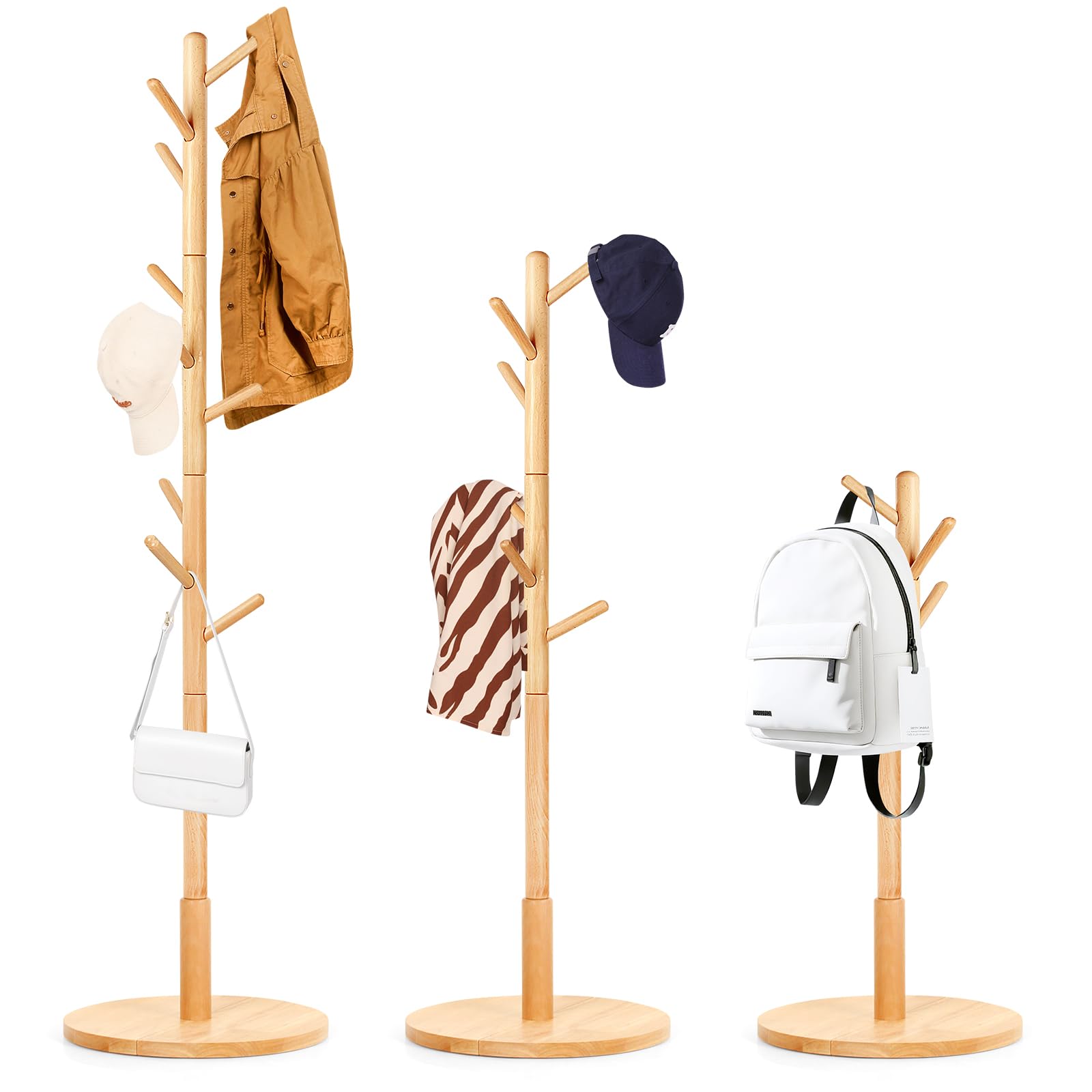 Perchero de madera de haya maciza en forma de árbol para ropa, 9 ganchos, 185 x 38 x 38 cm, para chaquetas, sombreros, bolsos, entrada, pasillo, oficina, dormitorio (natural)