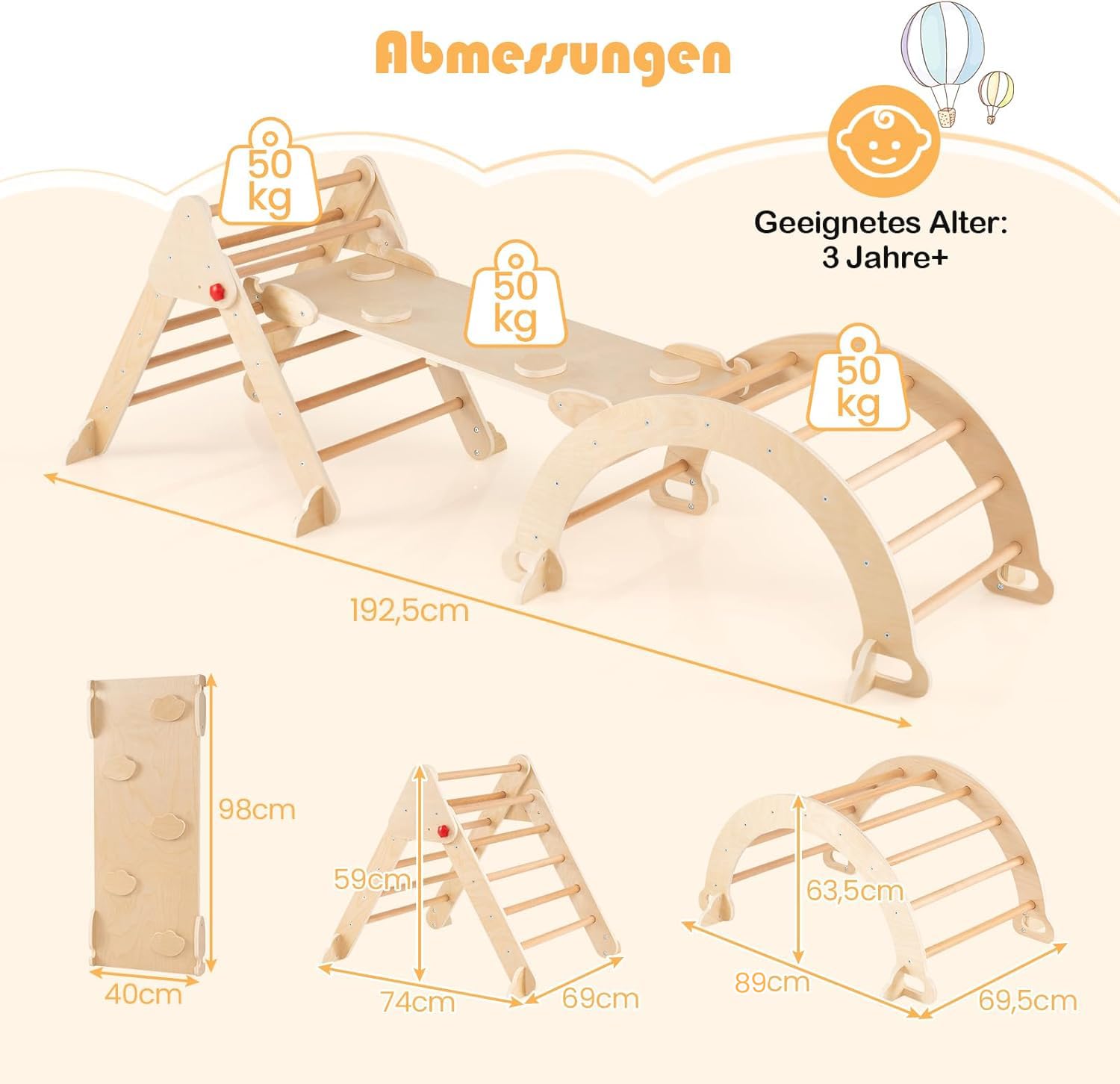 COSTWAY Kletterdreieck mit Rutsche, Kletterbogen, inkl. doppelseitige Rampe, Klettergerüst Indoor klappbar, Sprossendreieck zum Klettern, Rutschen und Wippen, Kinder Spielplatz Holz ab 3 Jahre, Natur
