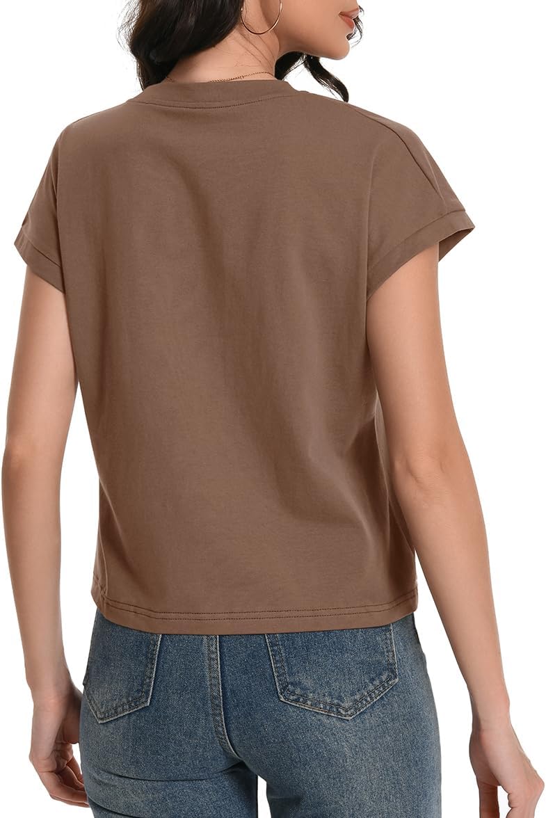 Womens Crop Tops Cap Sleeve Cotton T Shirts Crewneck Loose Fit Trendy Tee Summer Workout Tops 2025 - Image 5