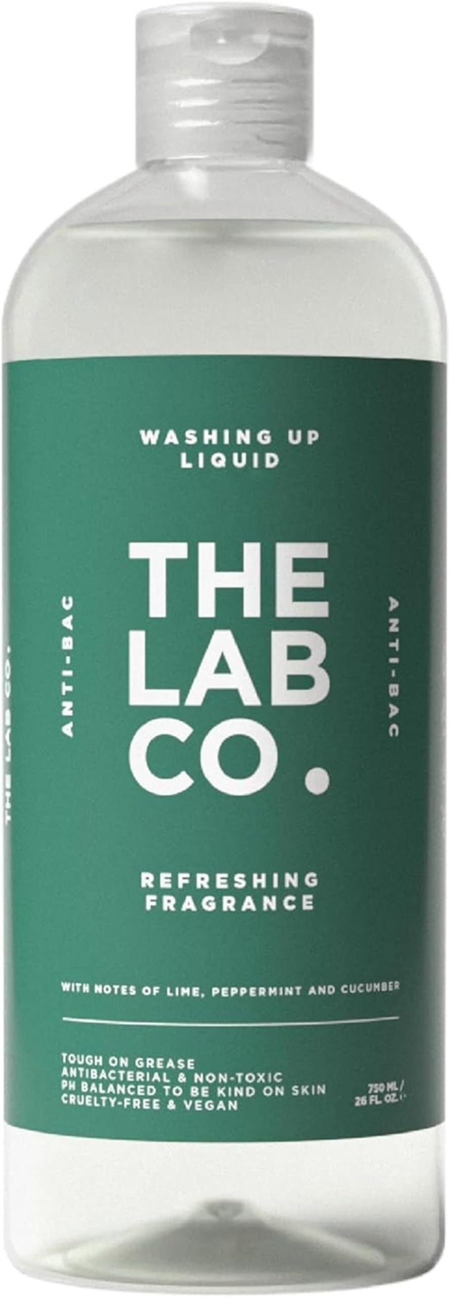 The Lab Co. Antibacterial Washing Up Dishwashing Liquid | Tough on Grease Dish Soap | Gentle on Hands | Plant-Based Formula | 750ml | Refreshing Scent Lime Peppermint & Cucumber