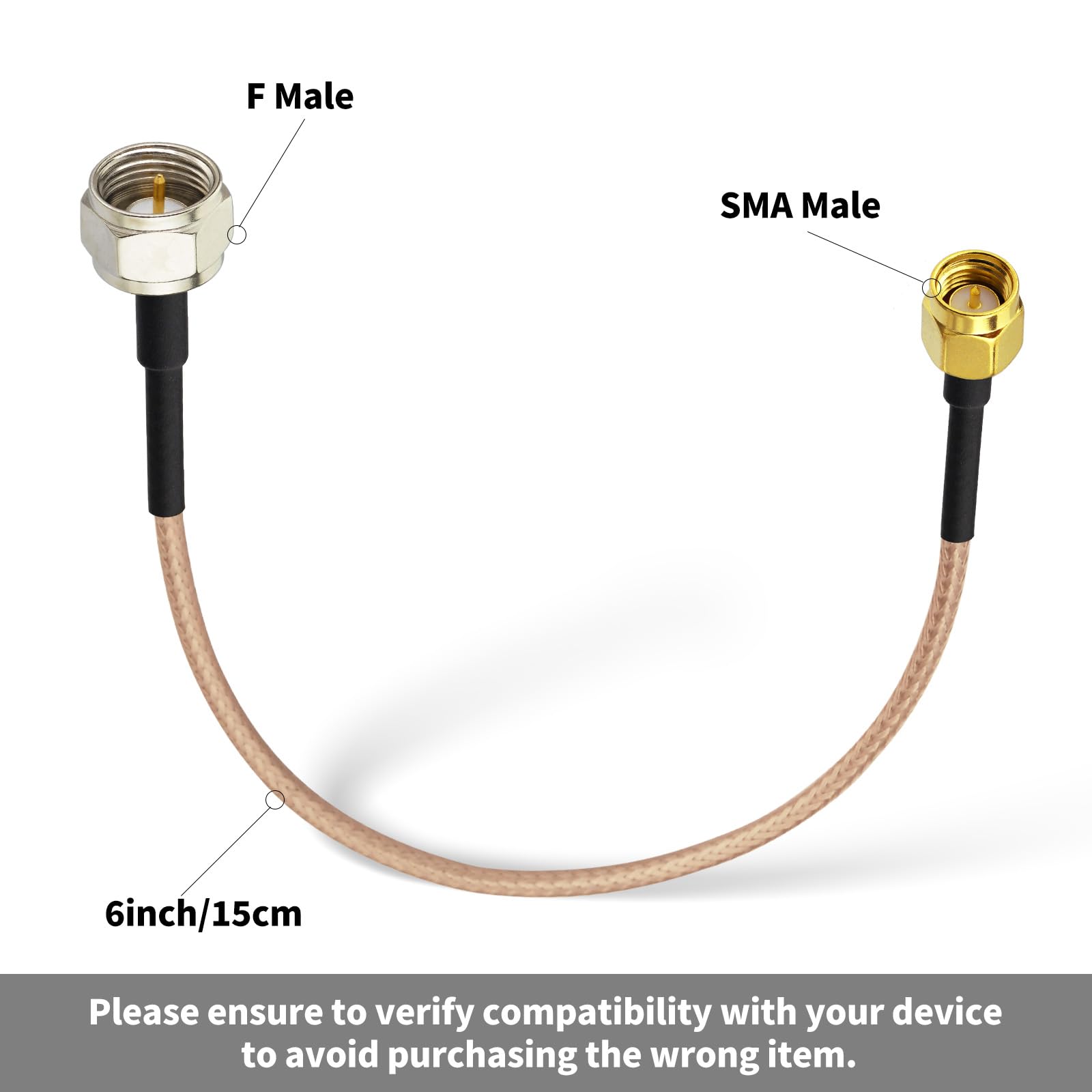 Superbat Adapter męski typu F na męski SMA 50 omów, 6-calowy przedłużacz RG316 do zastosowań RF, SDR RTL-SDR, kabli koncentrycznych TV itp.