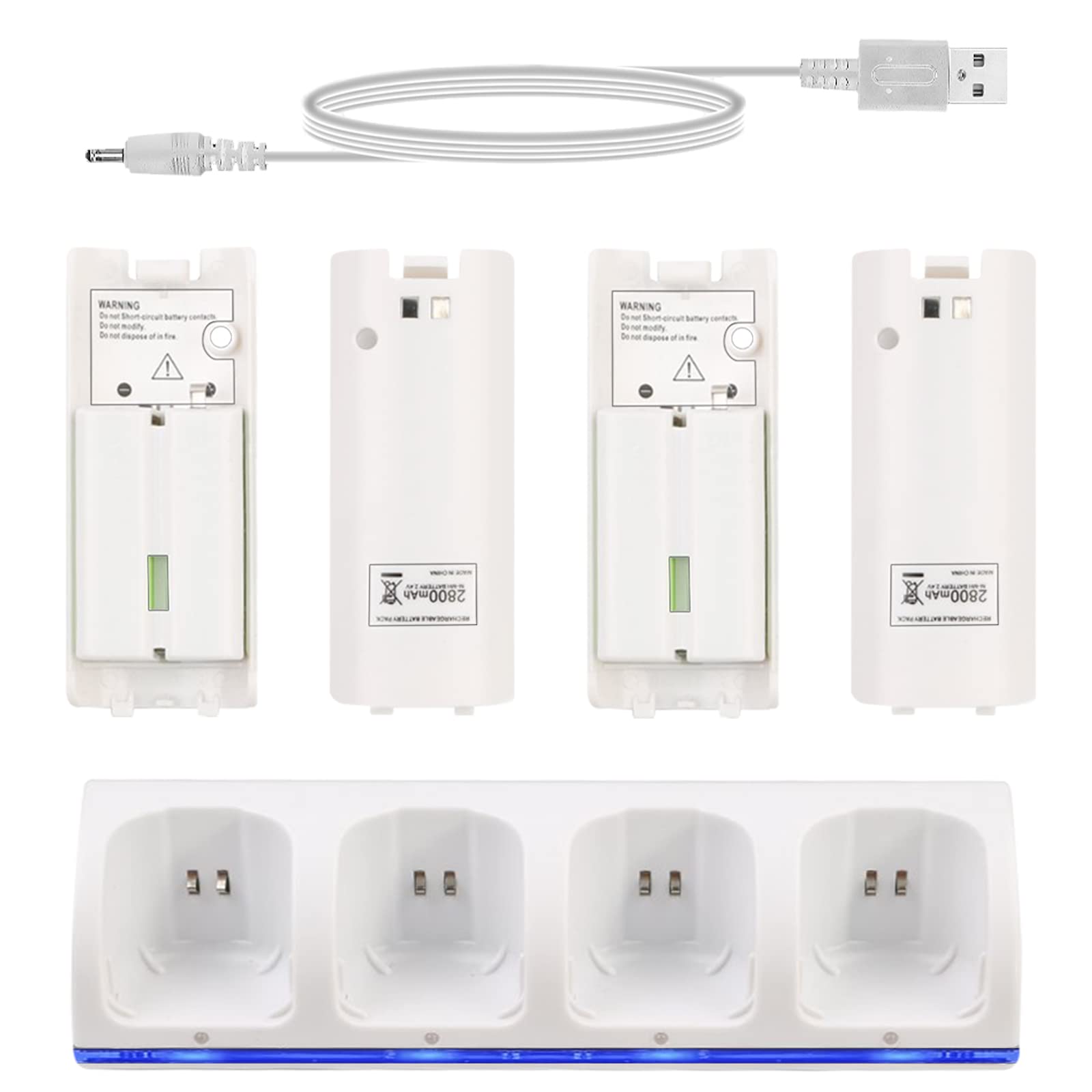SANON Stazione di Ricarica per Controller Wii, 4 Dock di Ricarica Dock Station per Caricatore Remoto Wii con 4 Batterie Ricaricabili da 2800mAh & indicatori LED, Bianca
