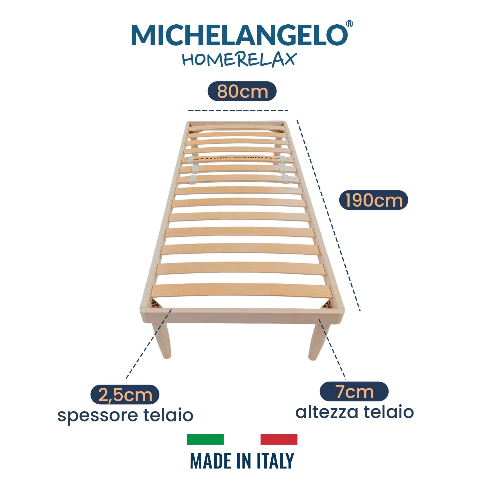Michelangelo HomeRelax - Rete Letto Singola 80x190 Legno Massello Faggio, Altezza PERSONALIZZATA, Ortopedica, Piedi Smontabili, Doghe in Faggio, Rinforzata, Durevole e Robusta, Made in Italy