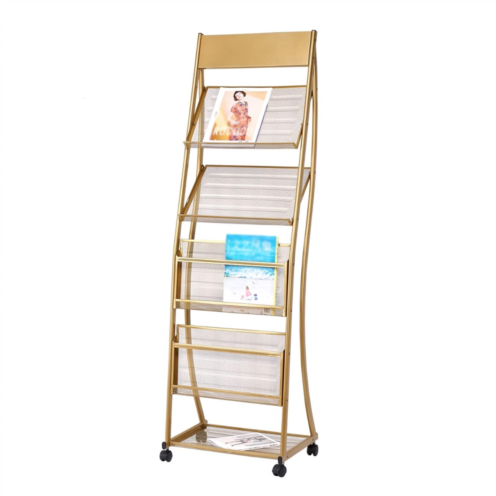 IUokLU Magazine Rack Brochure Display Stand Floor Standing Literature Magazine Rack Holder with Wheels, Newspaper Stand with 4 Shelves for Products Exhibition Fairs Show Magazine Rack Floor (Gold)