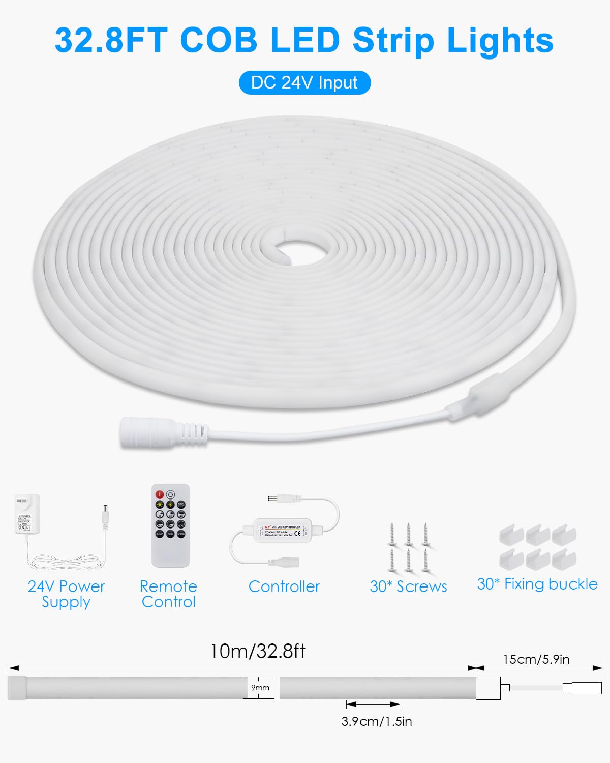 ALITOVE Striscia LED COB da 24 V, 10 m, con telecomando e alimentatore di rete, luce bianca fredda, 6000 K, per esterni, flessibile, 3200 LED, per giardino, festival, decorazione della casa