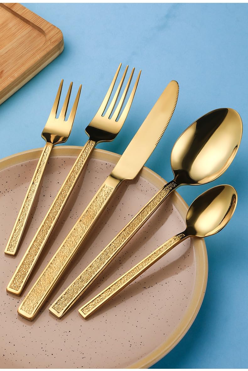 Este Juego de Cubiertos Incluye 6 Utensilios con Mango Martillado, 30 Piezas, Acero Inoxidable 18/8 de Primera Calidad, Cubiertos pulidos a Espejo para reuniones Familiares y Uso Diario, exc
