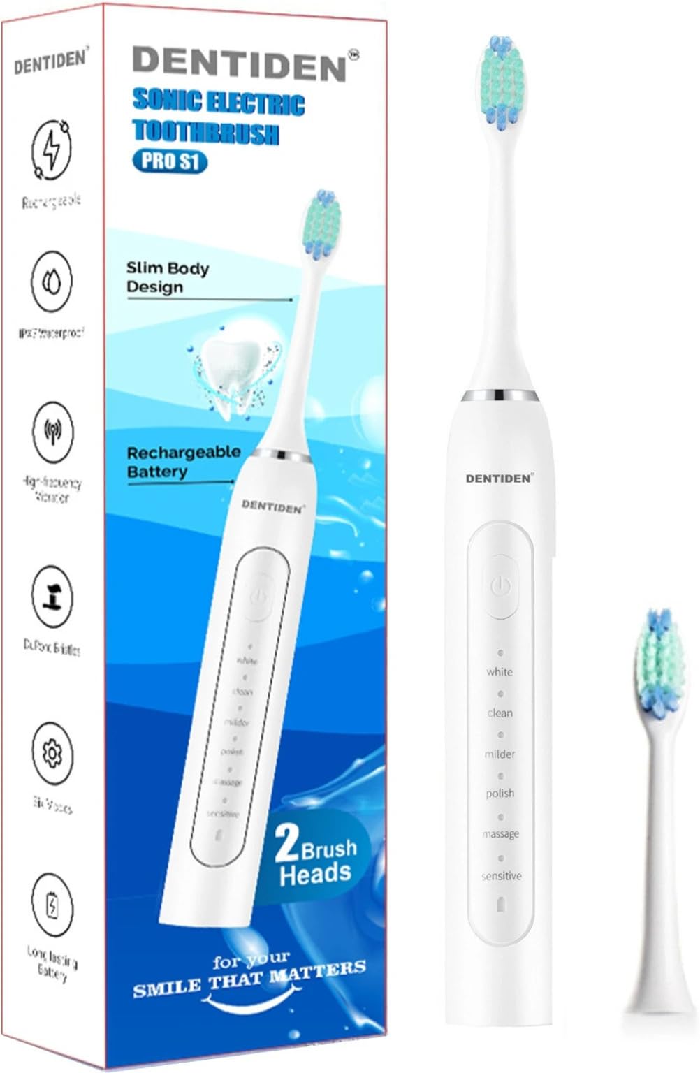 DENTIDEN Sonic Electric Toothbrush PRO S1, White, Rechargeable | 6 Brushing Modes, 2-Min Smart Timer, 2 Brush Heads, IPX7 Waterproof, Slim Body Design-image-22