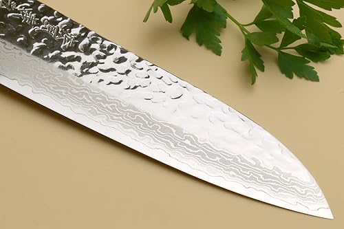 Miniatura 5 de Yoshihiro NSW - Cuchillo de chef multiusos japonés de 46 capas de Damasco martillado Santoku de 7 pulgadas con funda de magnolia y saya natural