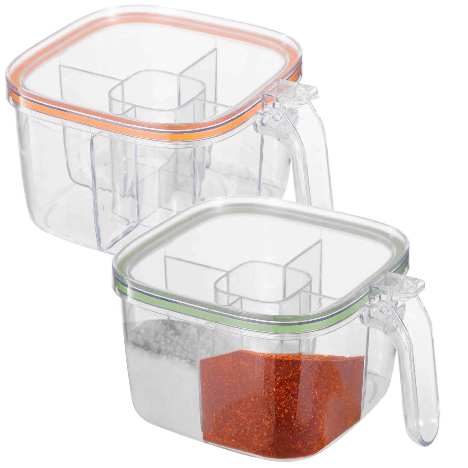 Générique Lot de 2 boîtes à épices à 4 compartiments, boîtes à condiments transparentes avec couvercles et cuillères, organisateurs compacts pour sel, sucre, poivre, gain de place pour cuisine