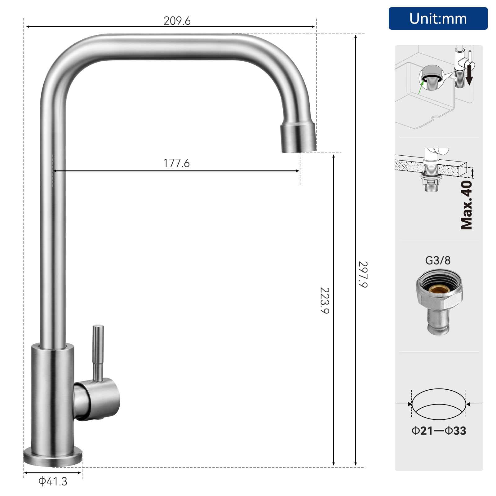 CECIPA Robinet Eau Froide En Acier Inoxydable, Robinet Pivotant à 360°, Mitigeur pour Cuisine, WC Invités, Jardin et Camping Car