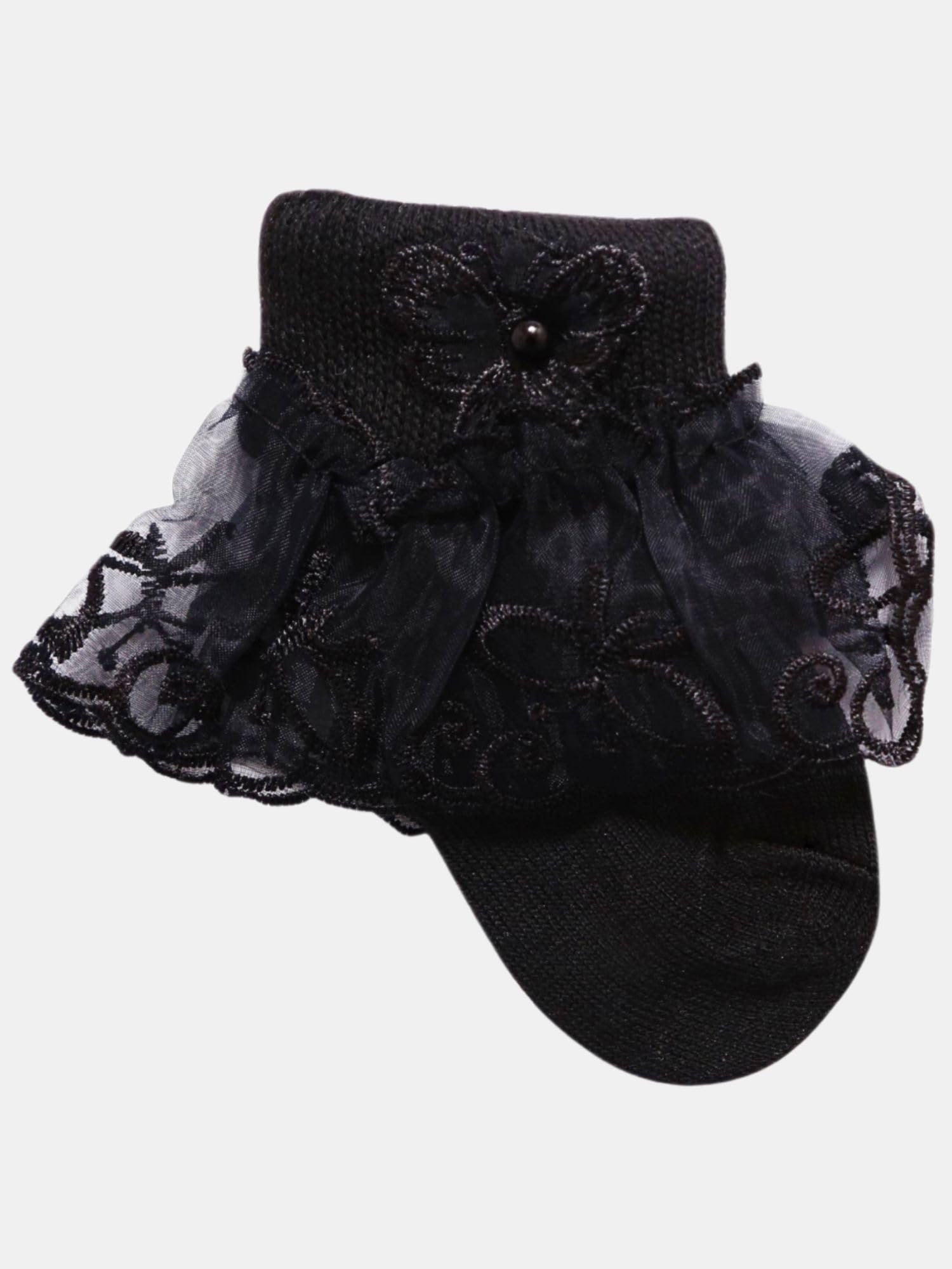 N2S NEXT2SKIN Kids Baby Girls Frill Cotton Socks - Pack of 3 (Black, XS- 0-1 Yrs)