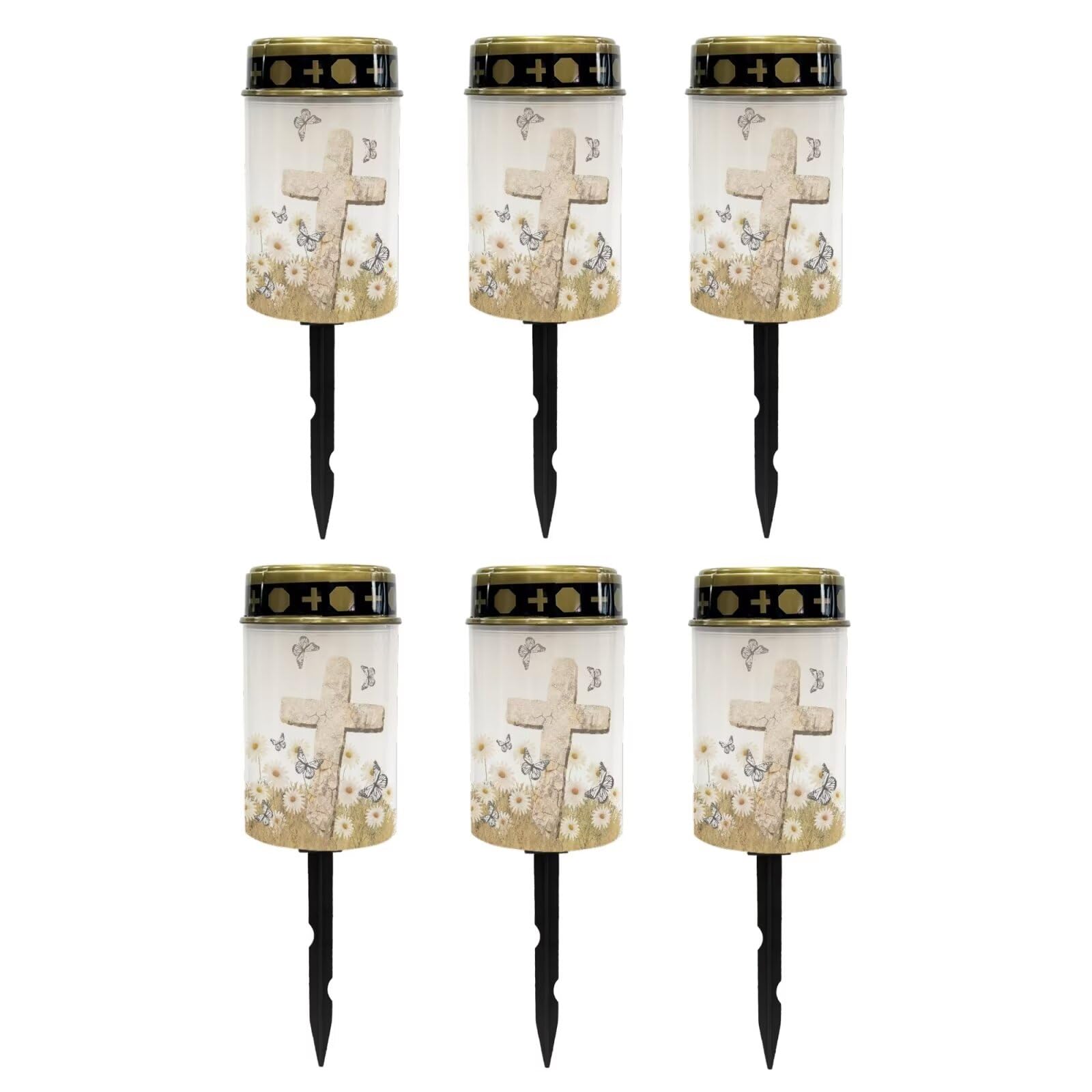 Poceacles Cross Solar Cemetery Lights Grave Solar Lights Solar Cemetery Lamp LED Flameless Candles Outdoor Cemetery Solar Lights for Loss of Mother, Daisy Butterfly Cross, Pack of 6