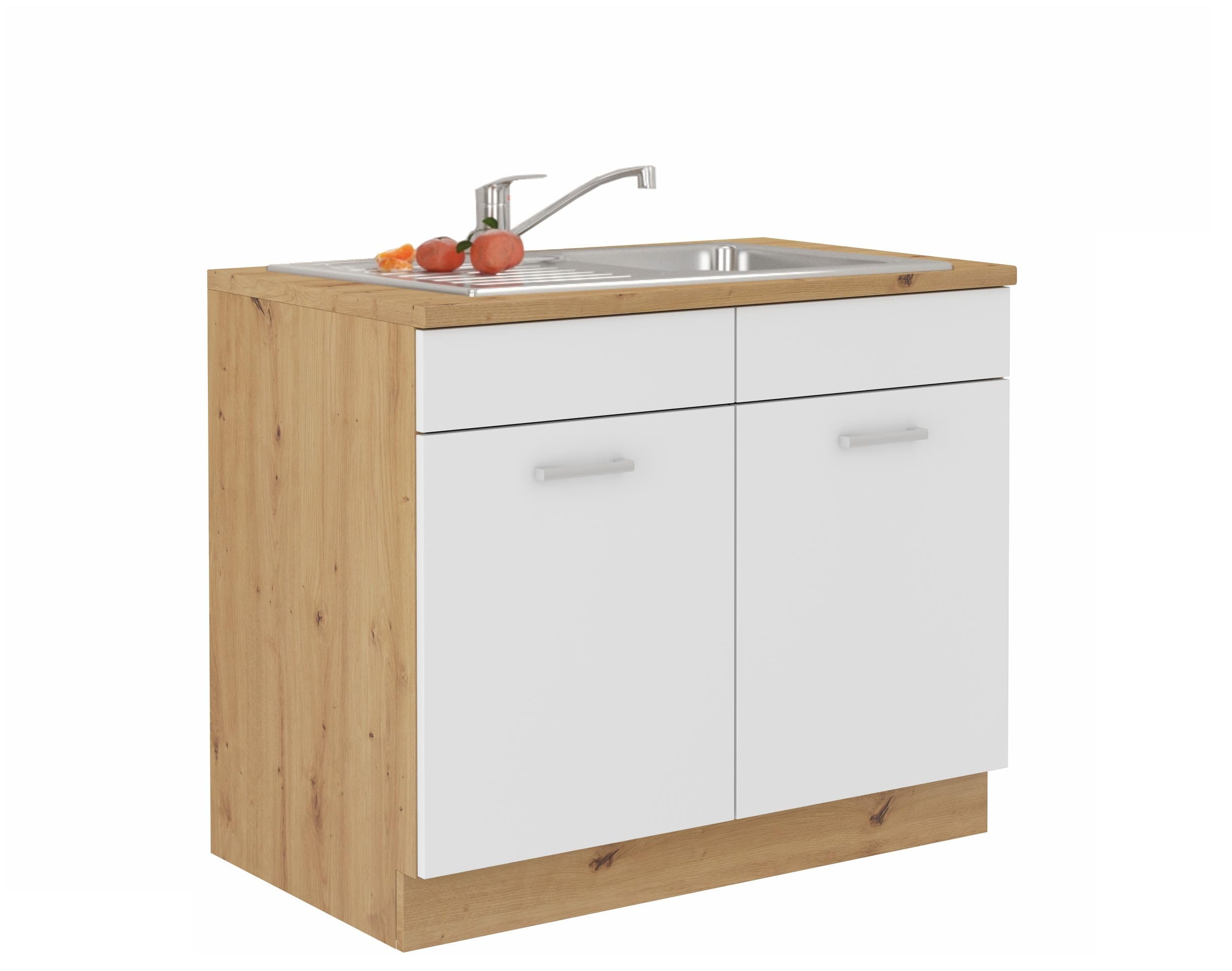 Kuechen-preisbombe Spülenschrank Buffet Küche Mario 100 Küchenzeile Einbauküche Weiss Eiche Artisan