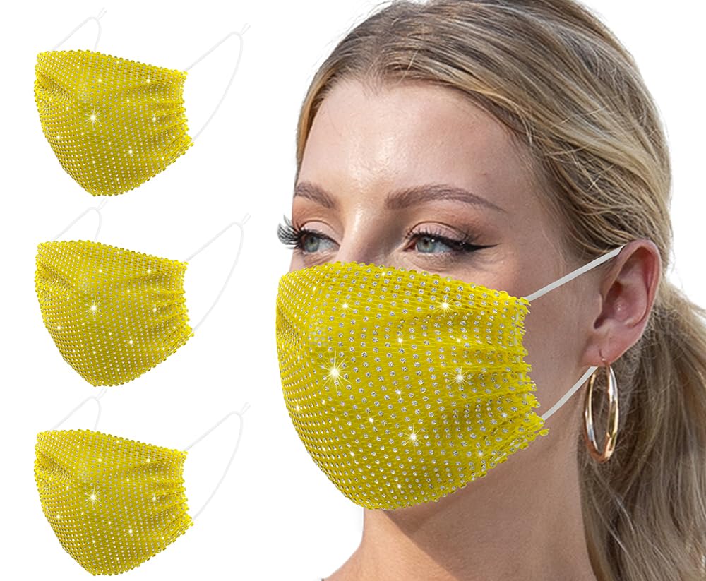 3 Pcs Yellow Bling Decoration Halloween Costume Woman Accessories Adult Masks Sequin Glitter Christmas Gift Women Sparkly Face Masks Decor Face Cover Mesh Crystal Women Rhinestone Party Face Mask