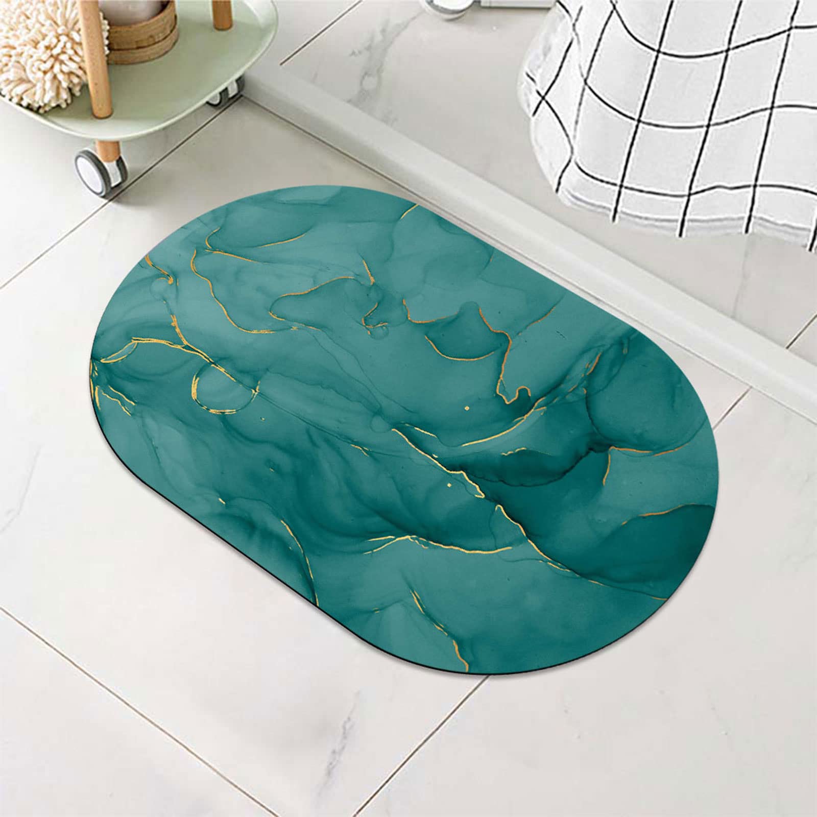 Bath Mat Rug-Dark Green Marble Pattern Rubber Non Slip Quick Dry Super Absorbent Thin Bathroom Rugs Fit Under Door Washable Bathroom Floor Mats-Shower Rug for in Front of Bathtub,Shower Room,Sink