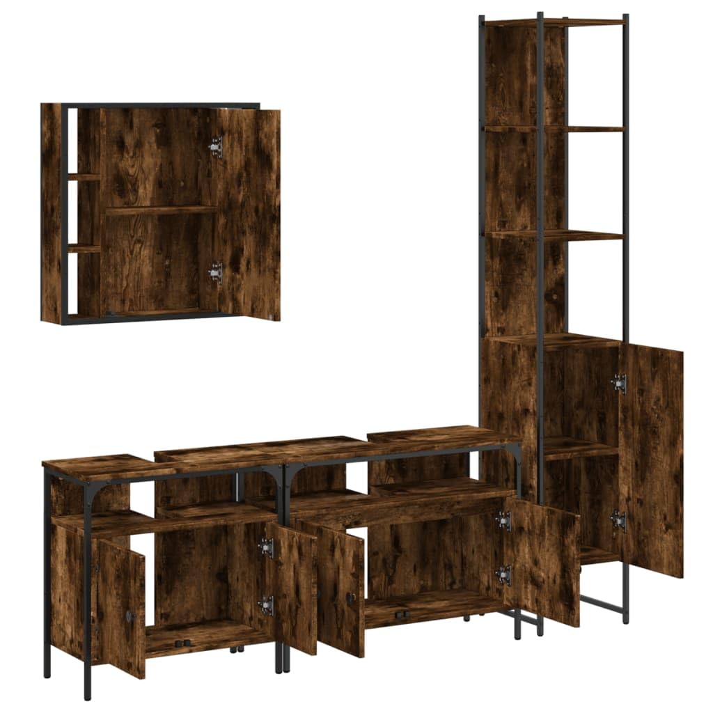 Juego de muebles de baño de madera ahumado de 4 piezas | Acero con recubrimiento en polvo, patas ajustables, espejo con estante, incluye soporte de pared