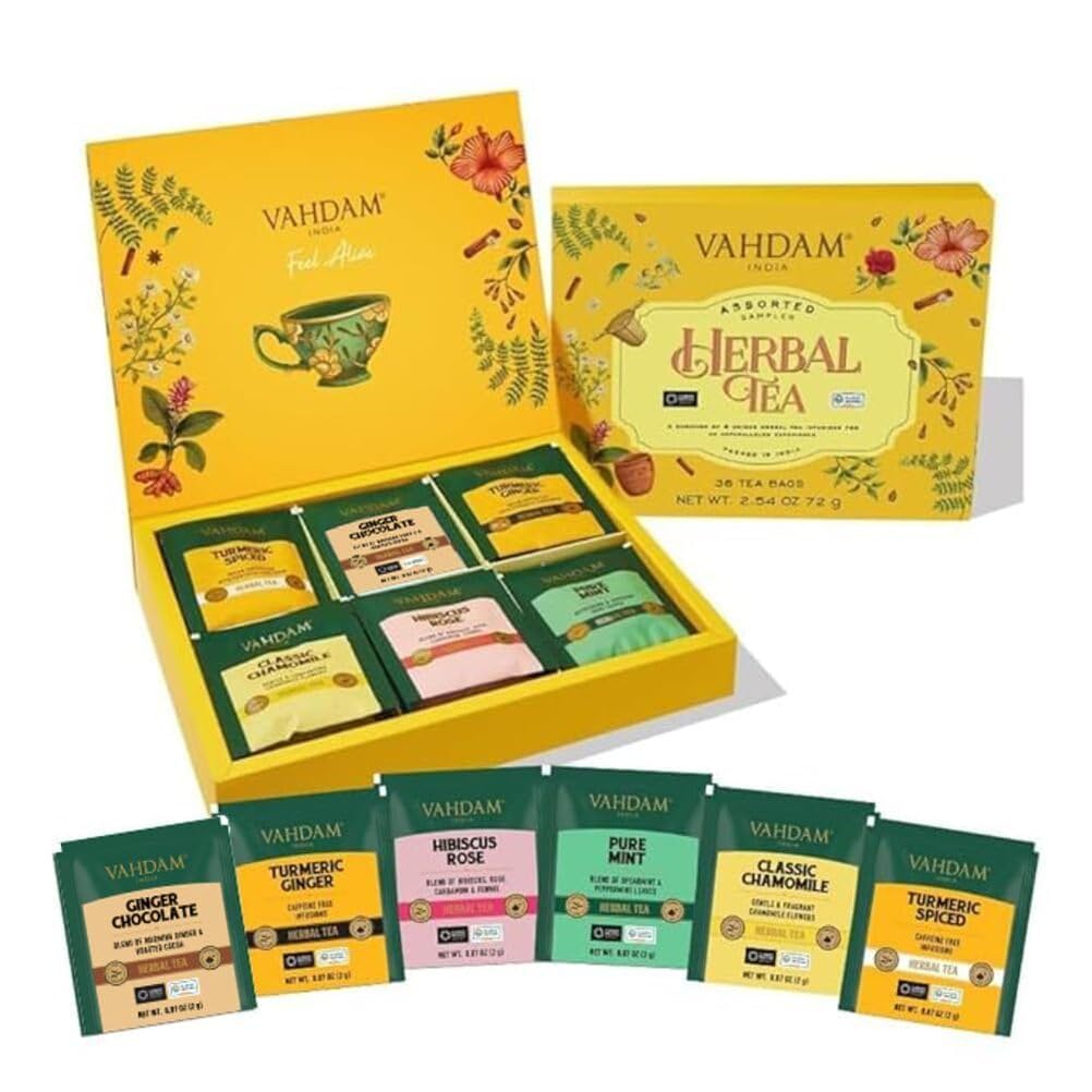 VAHDAM, Assorted Herbal Tea Variety Pack (6 Variants, 36 Tea Bags) Caffeine Free, Gluten Free, Non GMO | Eco Friendly Long Leaf Pyramid Tea Bags I Tea Gift Set for Men and Women