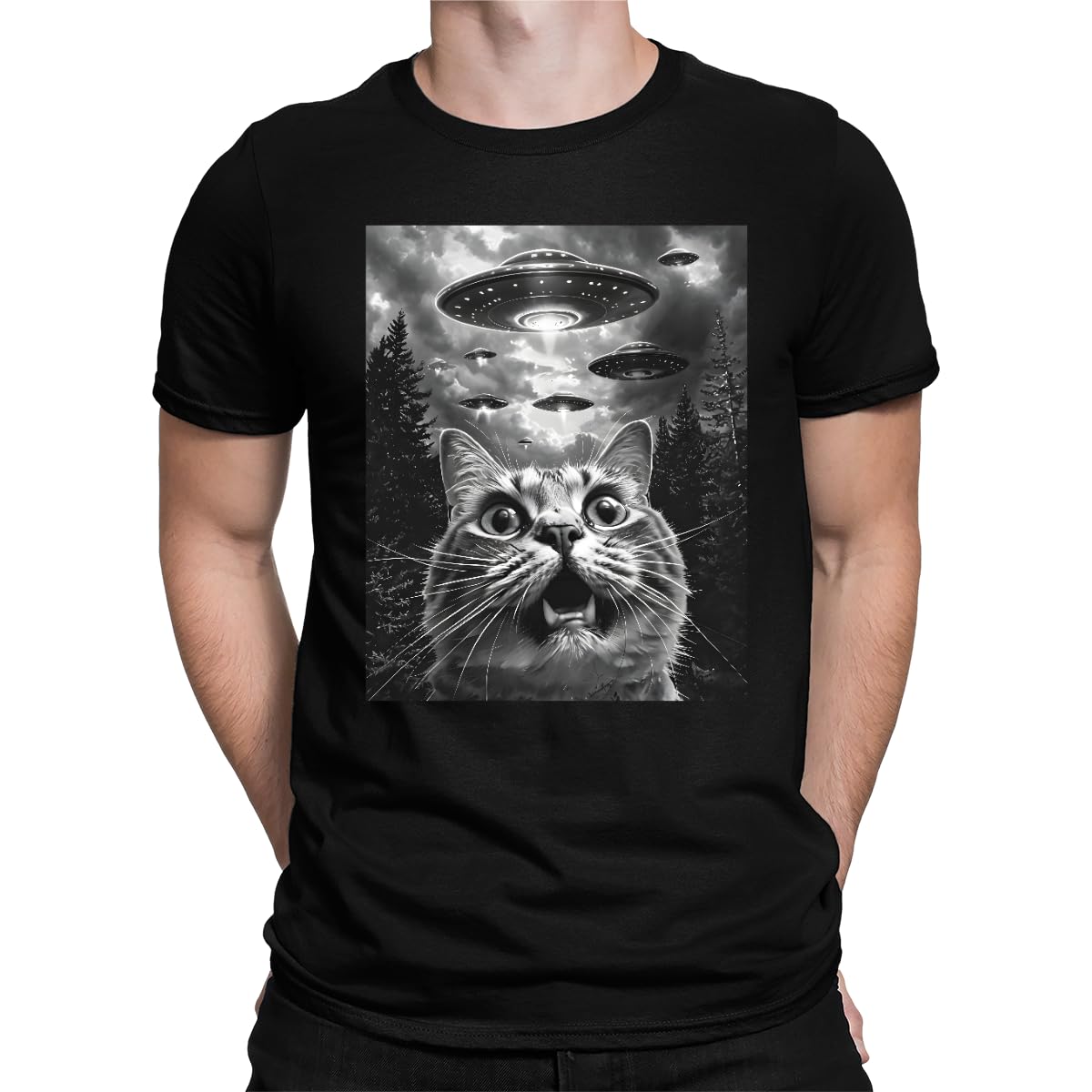 Unibly Men's Black Alien Cat Selfie Funny Cat With Ufo T-Shirt, M
