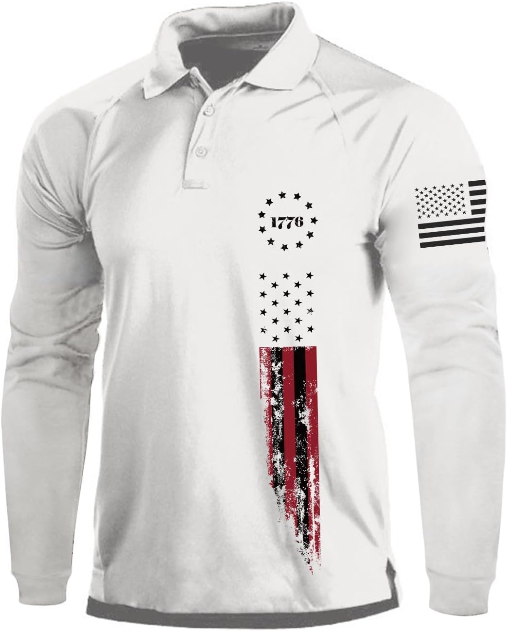 H HYFOL Long Sleeve Polo Shirts for Men Graphic Stretch Casual American Patriotic Raglan Golf Polos for Men