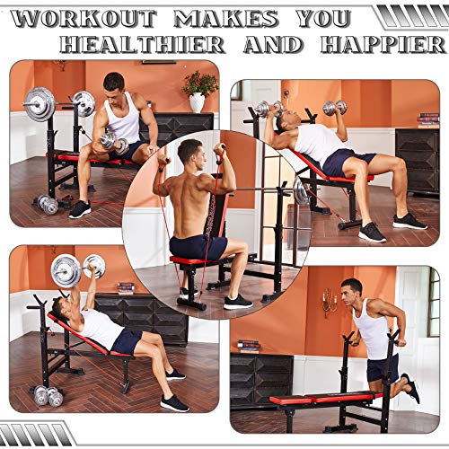 Adjustable Weight Bench Incline Seat Multi-Function Folding weight benches Fitness Workout Barbell Rack for Strength Training Home Gym (Red)