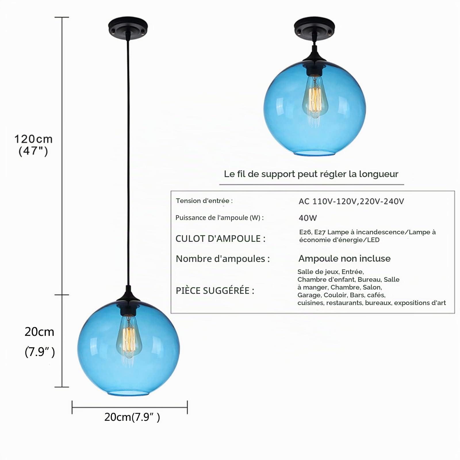 Suspension Boule de Verre Simple, Lampe Suspendue de Plafond Industrielle Vintage E27 Loft Bar, Mini Lustre à 1 Lumière pour Cuisine Salle à manger Chambre (Gris)