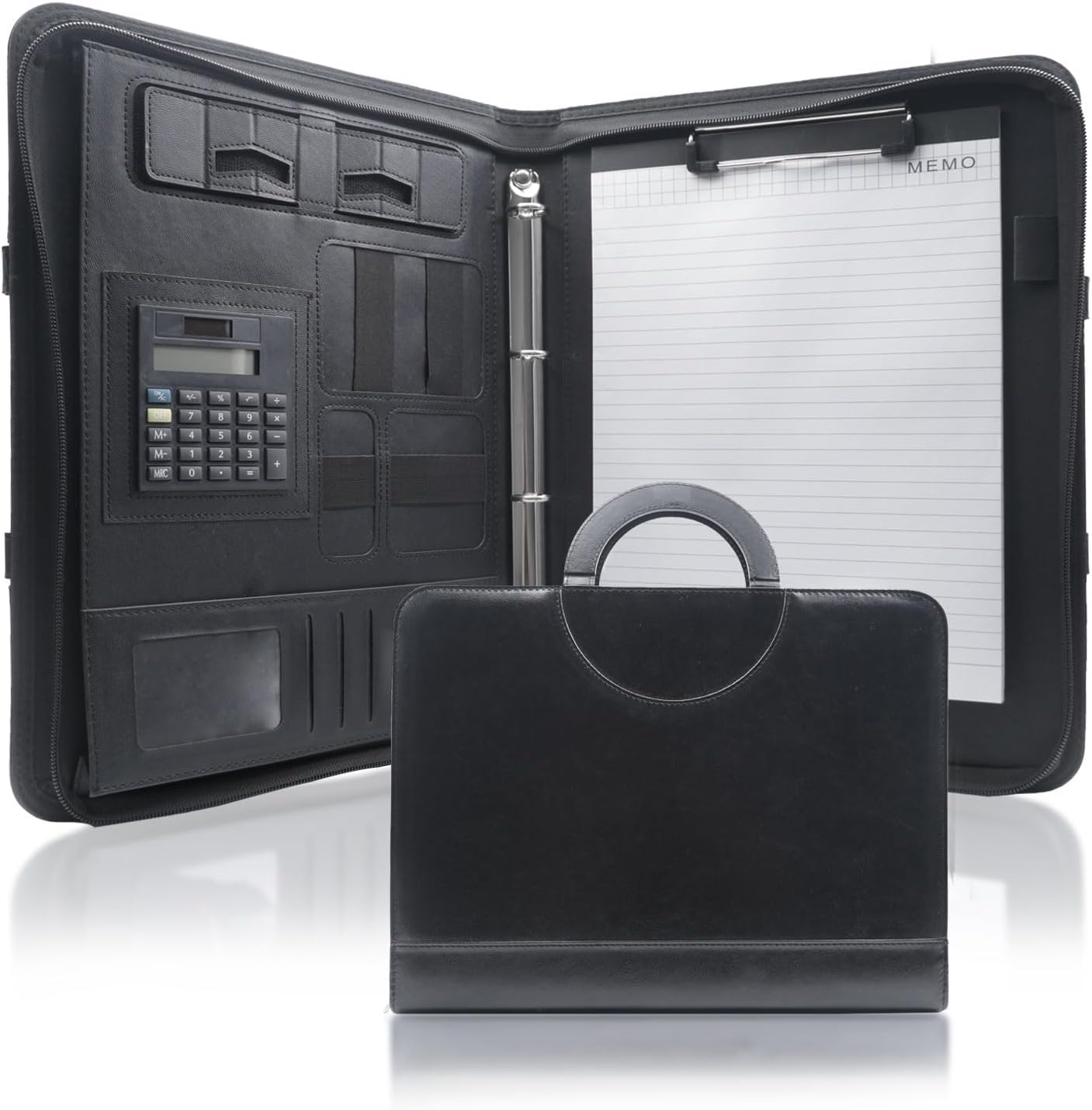 Zippered Padfolio with Calculator, Leather Business Portfolio Organizer with Handle, Portfolio Folder Phone Holder 10.1 Inch Table Sleeve, Interview Resume File Document Binder for Men Women