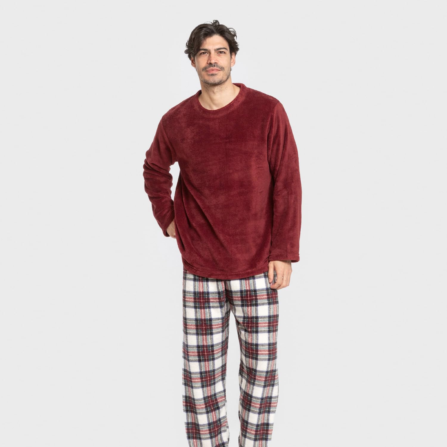 TRAMAS+ Pijama Hombre Invierno Coralina Manga Larga Polar Pantalón Largo Conjunto Cómodo Calentito