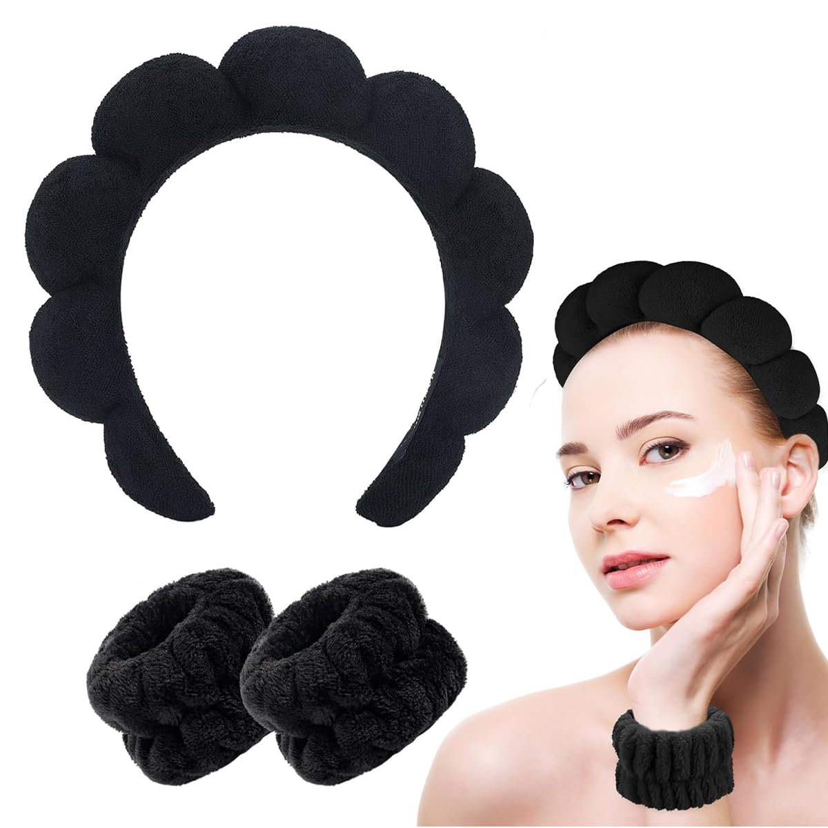 spa headband wristband for women girls face washing, facial skincare headband sunflower sponge makeup hairband wrist washband combo set -black