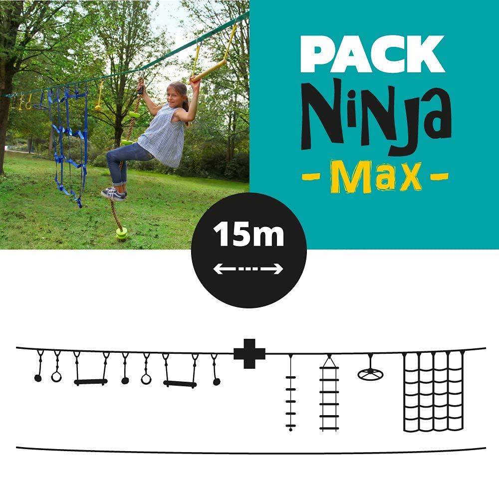 France Trampoline – Slackline und Hindernisparcours für Kinder – Ninja Parcours mit 14 Hindernissen und 15 m Slackline – Outdoor-Spiel für Kinder und Erwachsene mit Leiter, Kletternetz