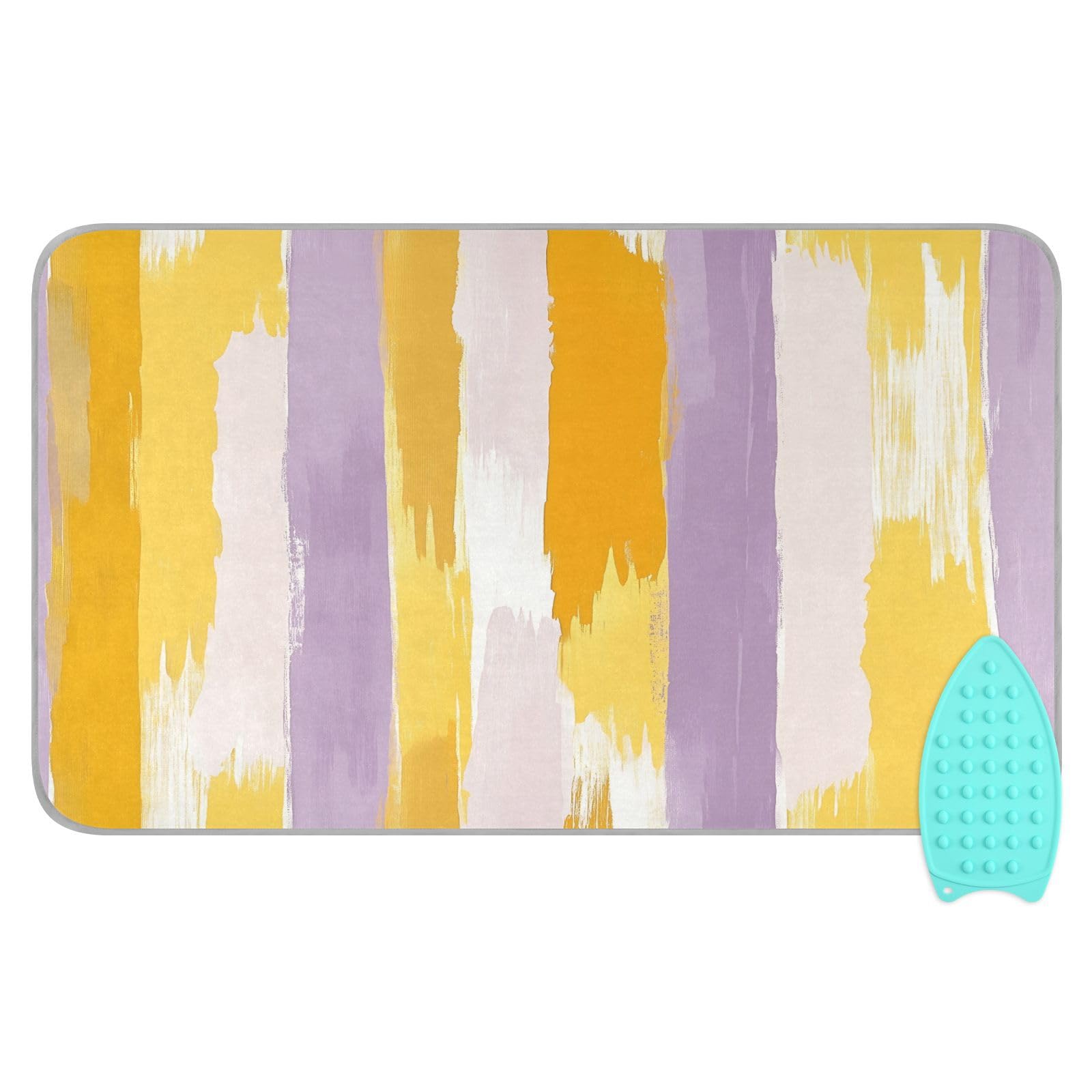pnyoin Portable Ironing Mat Purple Yellow Vertical Stripes Travel Ironing Pad with Silicone Iron Rest for Steam Pressing on Tabletop or Bed Heat Resistant Portable Quilting & Travel Blanket