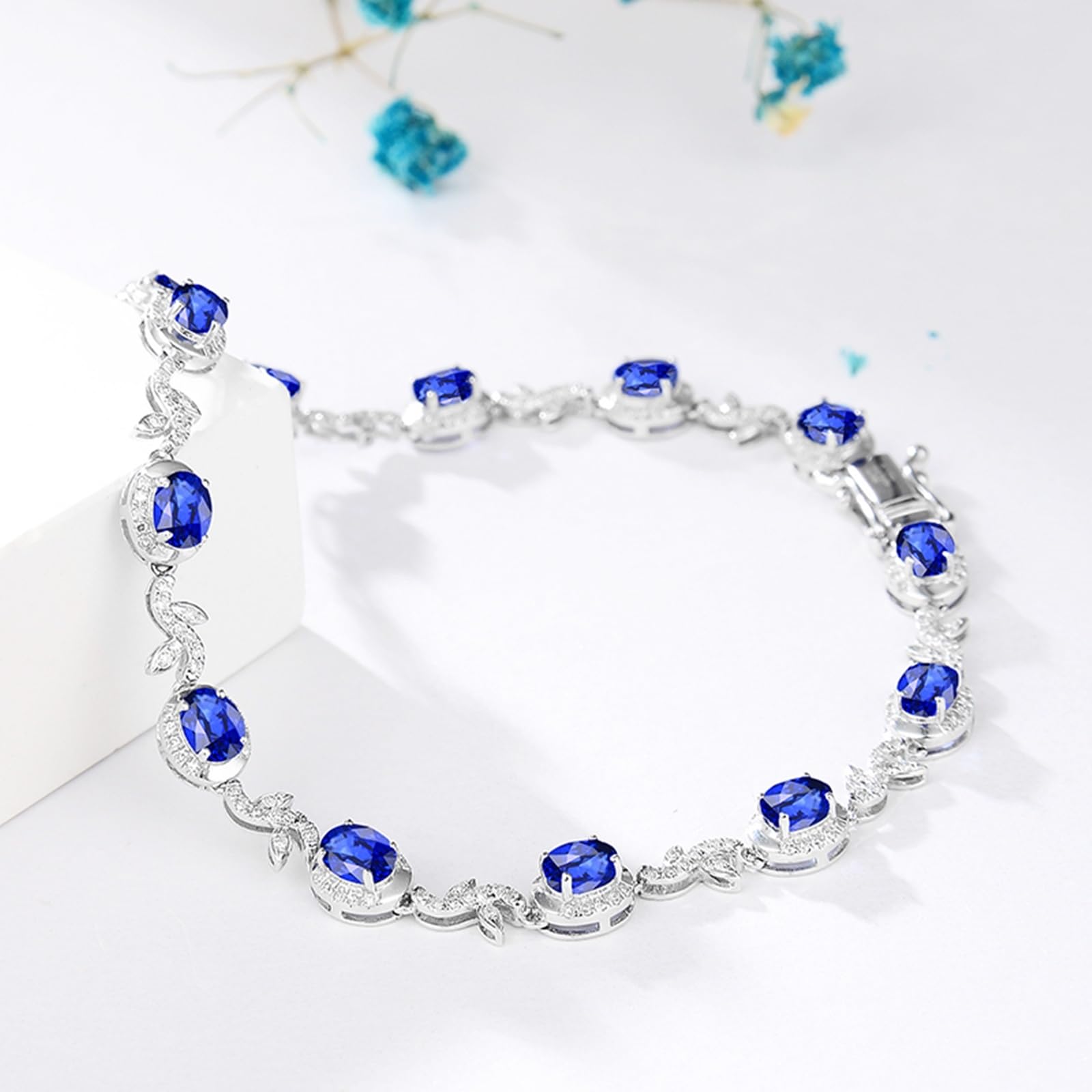 Bracciale di Oro Bianco 750/585/375 Donna, Bracciale Donna Zaffiro 5ct 16-20 cm con Diamante, Braccialetto da Sposa Matrimonio