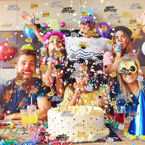 Image of Gold and Black Happy Birthday Confetti, 3000 Pcs Birthday Cake Table Metallic Foil Confetti Party Table Decor for Party, Baby Shower, DIY Arts and Crafting