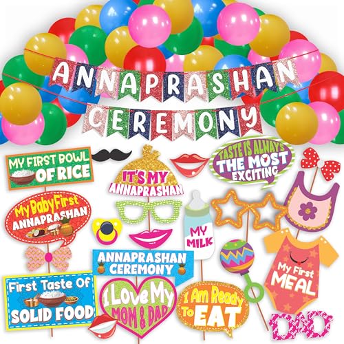 Image of WOBBOX Annaprashan Party Props with Multi Color Bunting Banner & Balloon, Annaprashan Decoration Item (43 Pcs Combo)