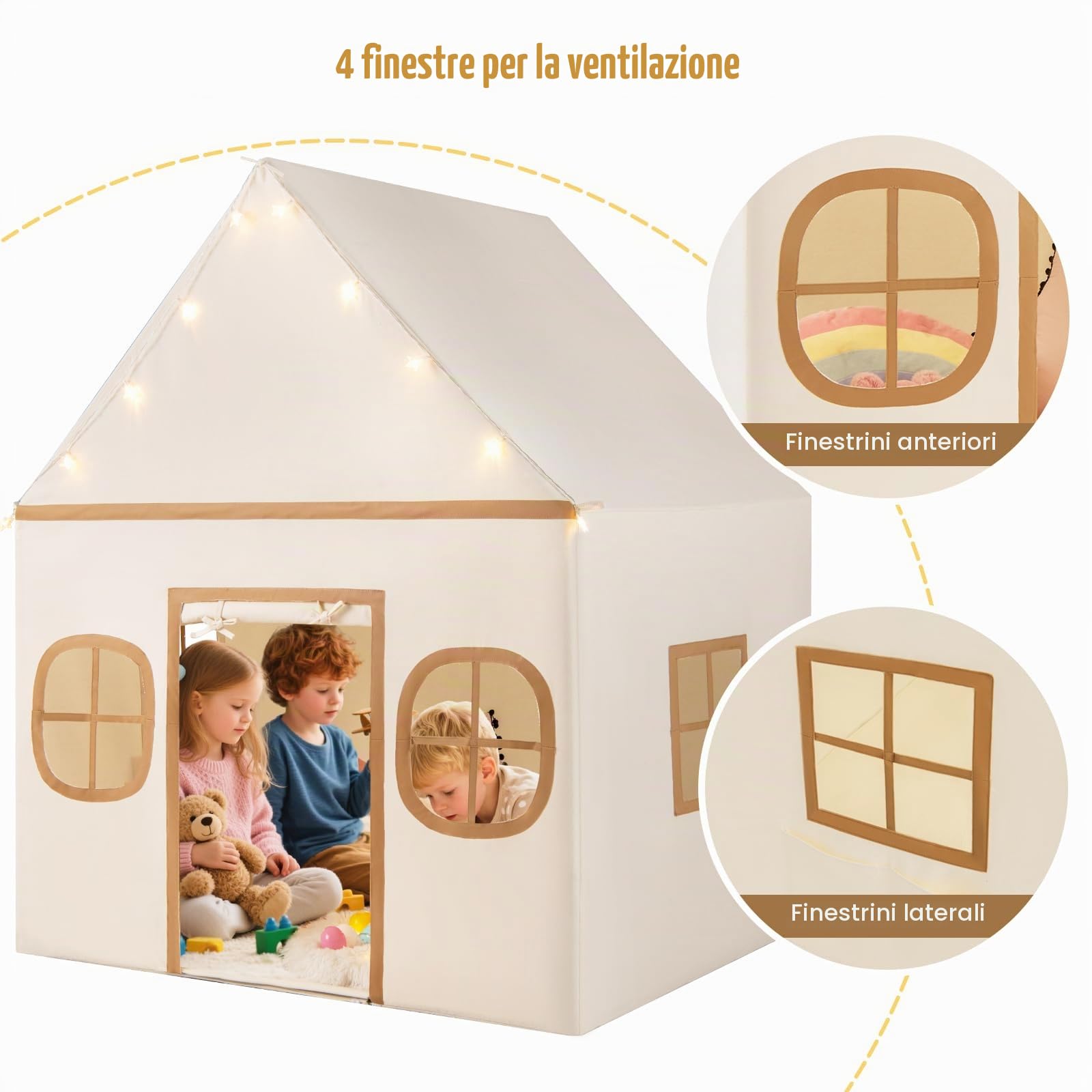 HOMASIS Tenda per Bambini da Interno, Casetta da Gioco per Bambini con Luci Stellate e Tappetino Imbottito e 4 Finestre, Tenda Principessa per Ragazzi e Ragazze dai 3+ Anni (Marrone)