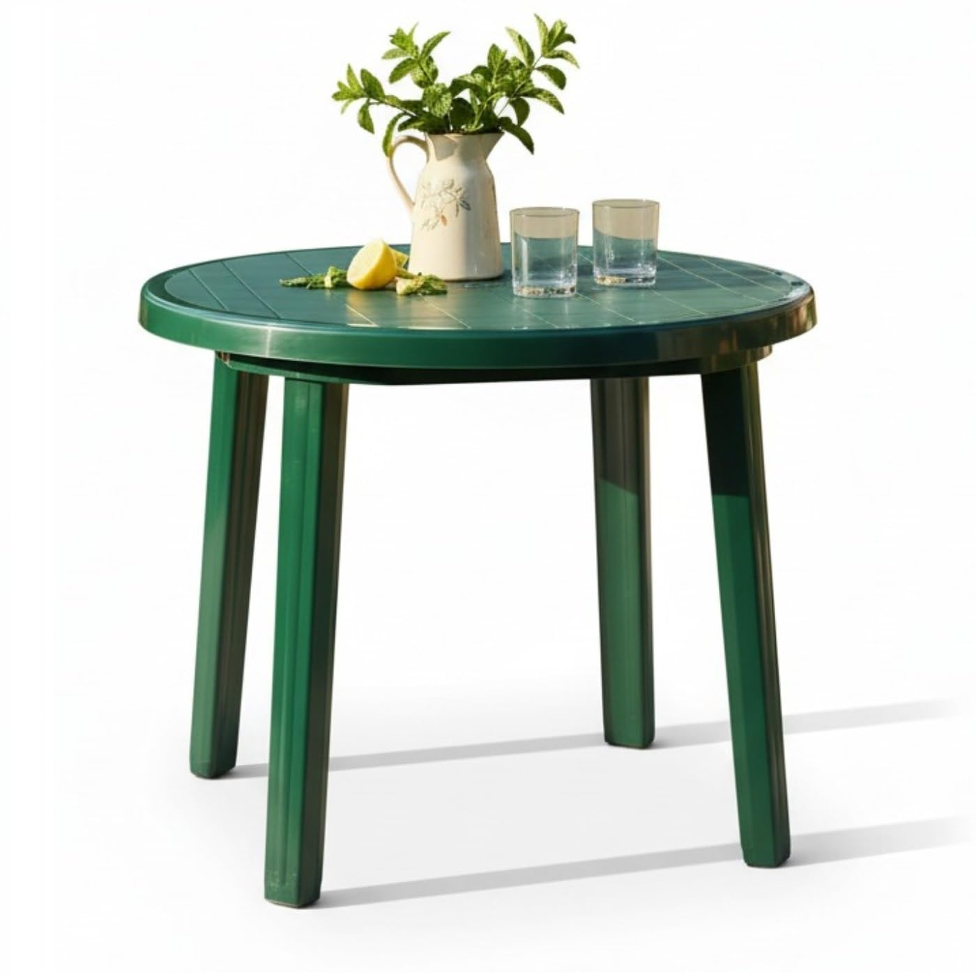 Mesa de Jardín Redonda 90cm de Resina Auxiliar Exterior desmotable portátil, Camping, terraza, Acampada, Playa. (Verde)
