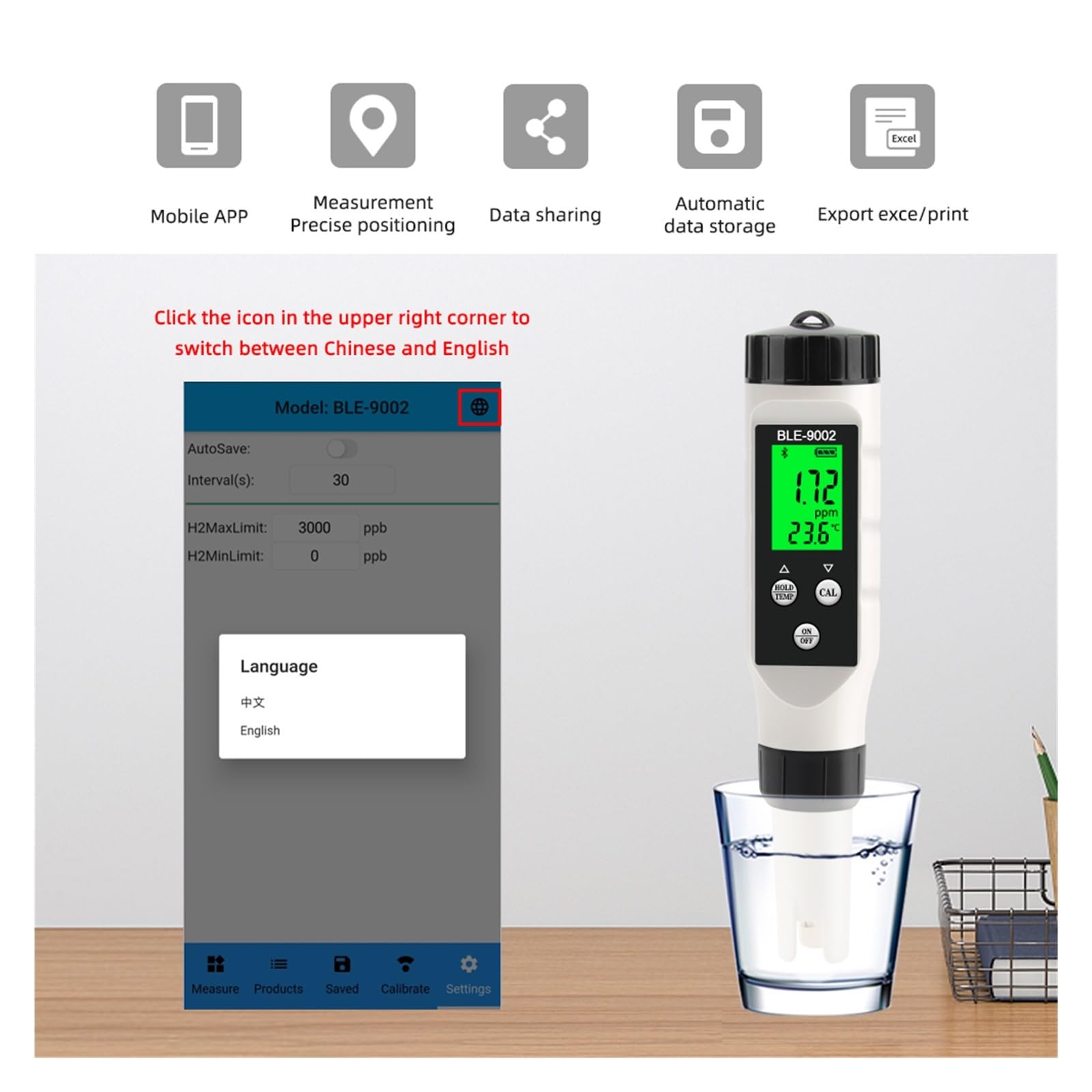Tester miernika PH, Cyfrowy miernik temperatury H2 bogaty w wodór 0-2990ppb automatyczna kalibracja aplikacja Blue Tooth Online Monitor narzędzie do testowania jakości wody pitnej,Woda pitna, Hydropo