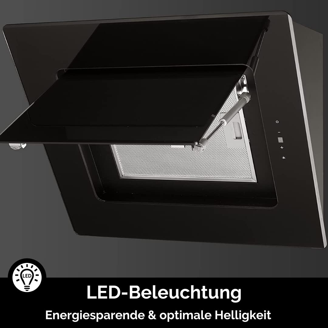 PKM 9040/90BZ - Cappa aspirante da parete, in vetro nero, 90 cm, illuminazione a LED, classe di efficienza energetica A